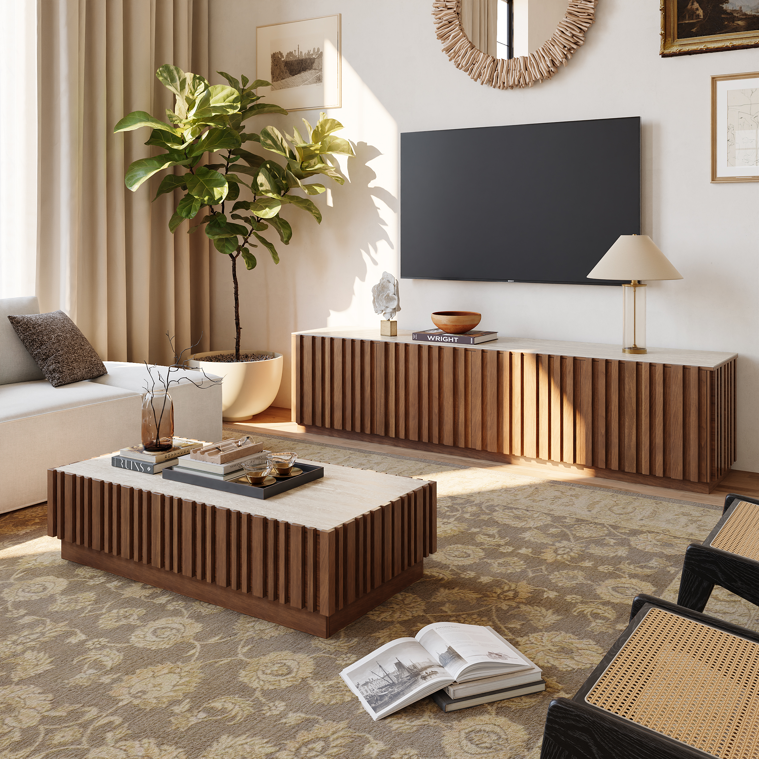 Aura 83" Mid-Century Modern Ash Wood Slatted Walnut TV Stand Coffee Table Set with Travertine Veneer