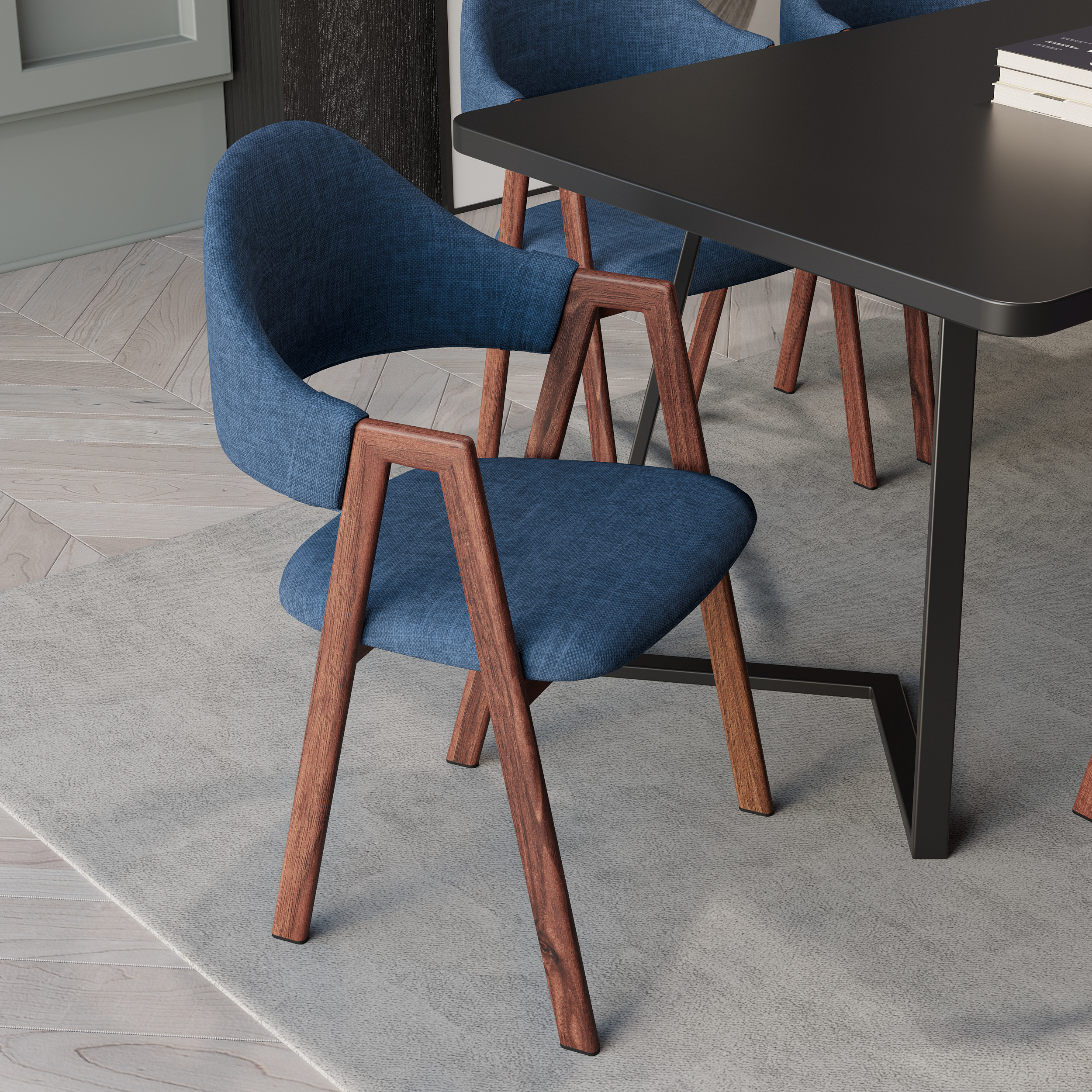 Blue Linen Upholstered 4-Piece Dining Chair Curved Back Chair