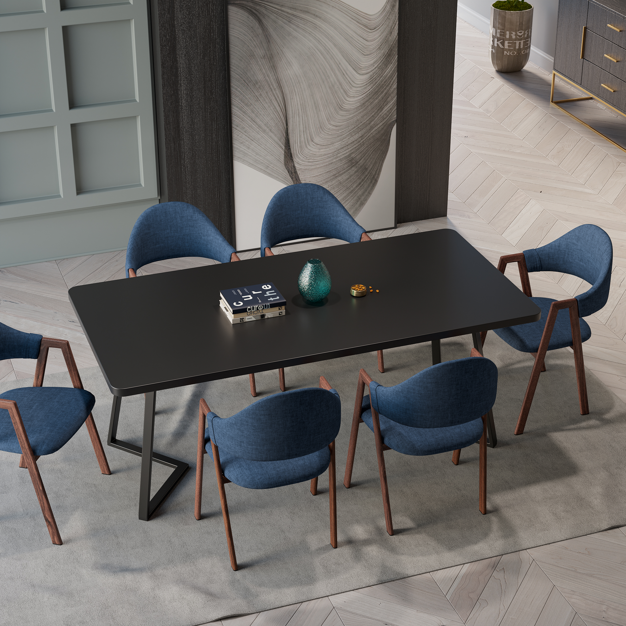 Blue Linen Upholstered 4-Piece Dining Chair Curved Back Chair