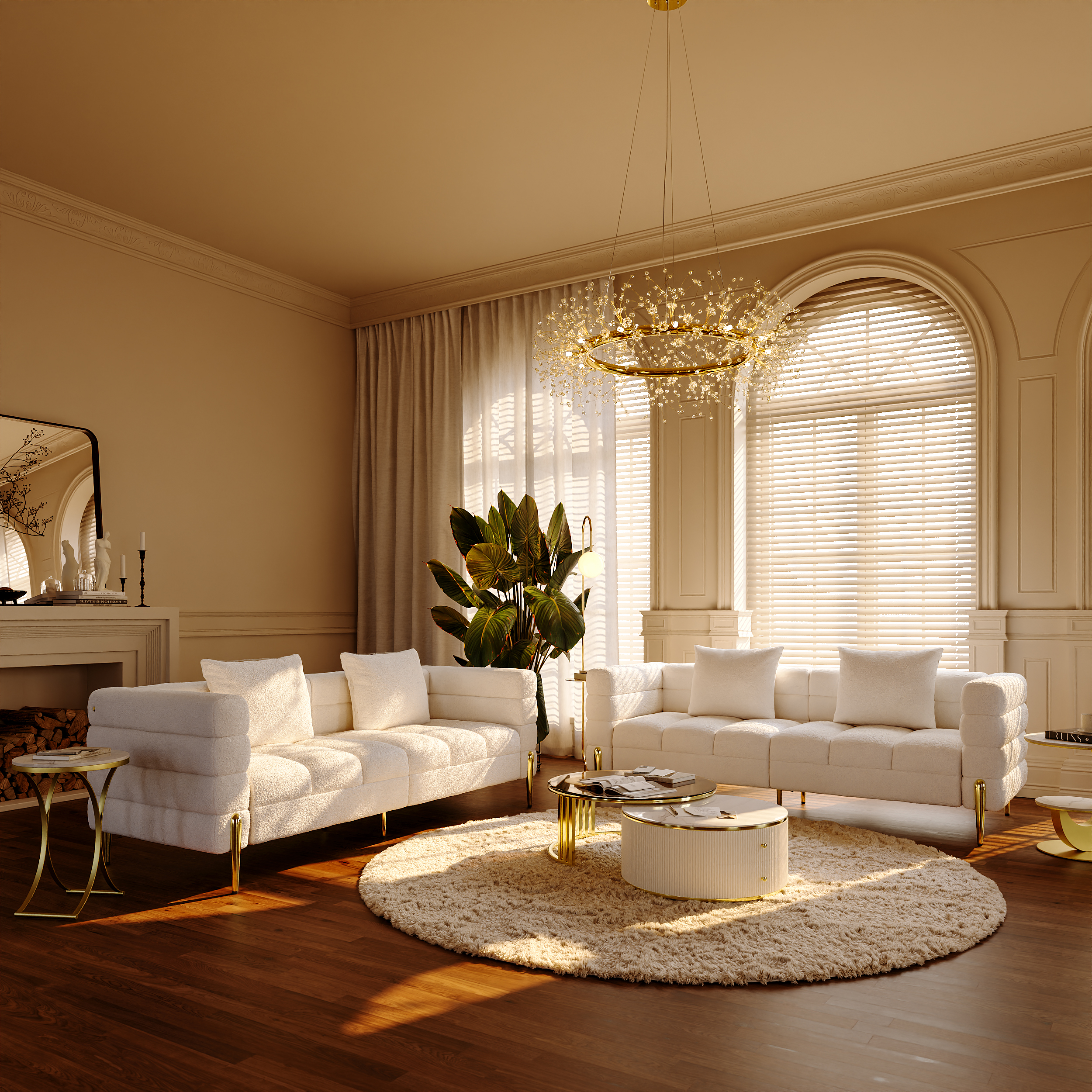 Living Room Couch Set of 2 White Boucle Upholstered Fluted 3-Seater Sofa with Pillows