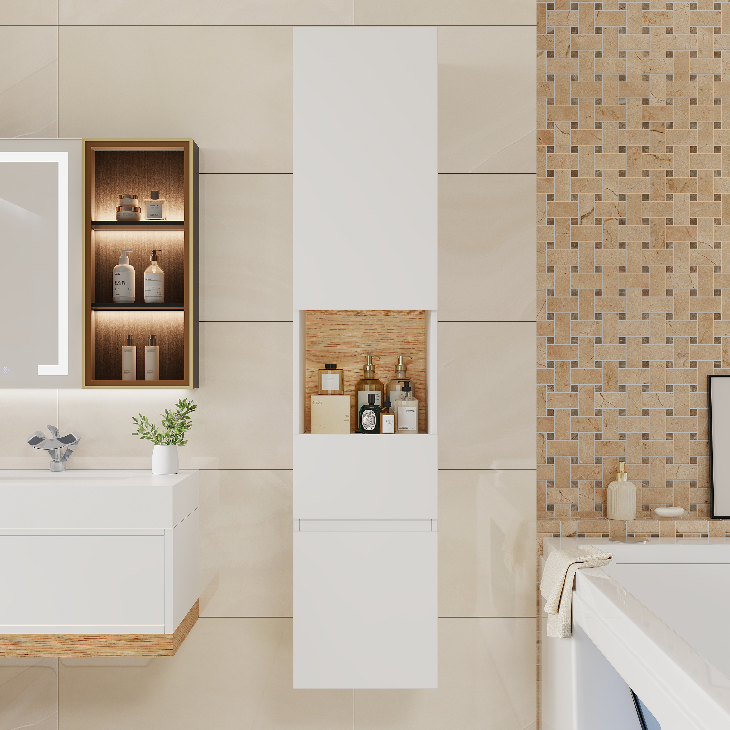 Mueble de baño Homary | Armario alto natural y blanco, 35 x 35 x 160 cm, con cajones