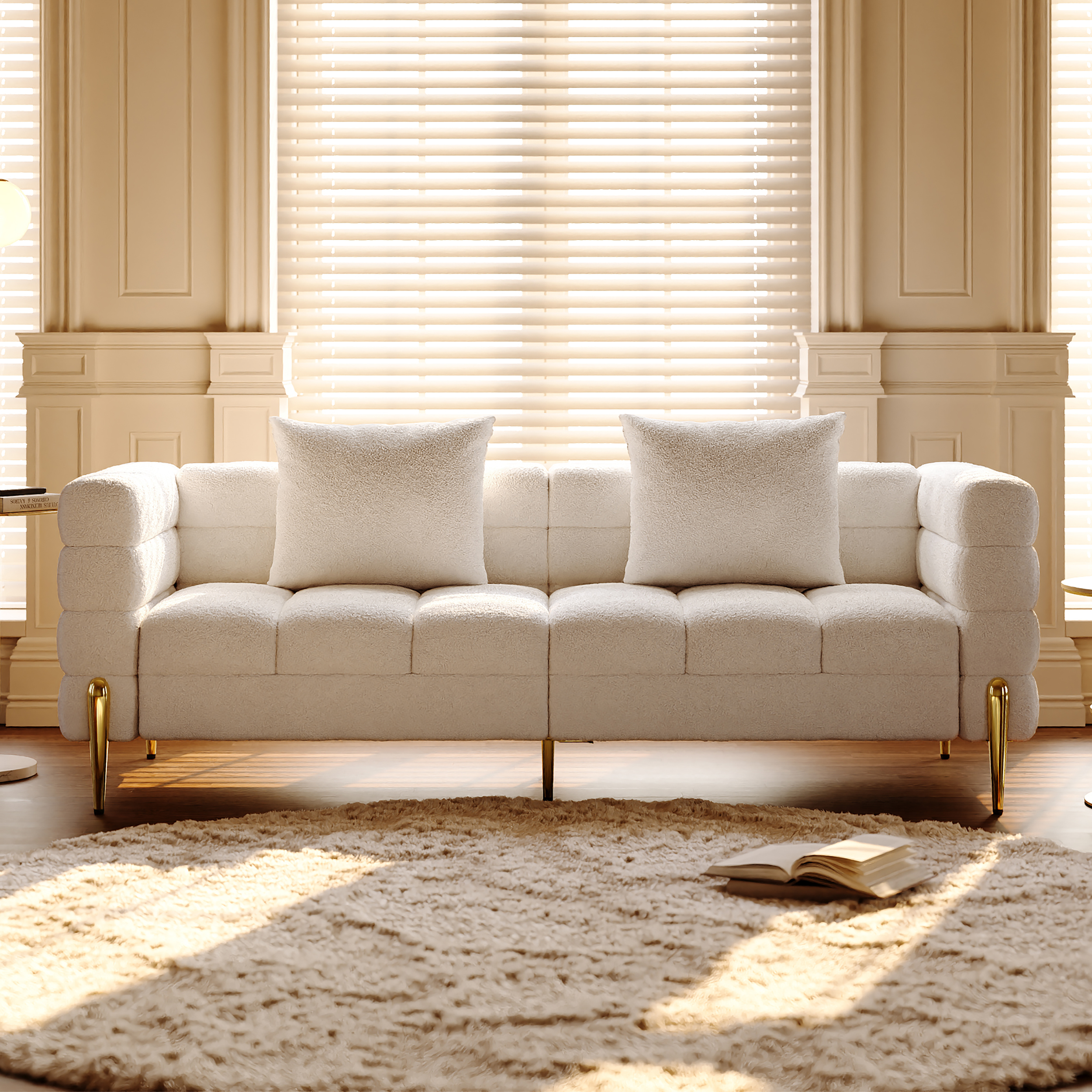 Living Room Couch Set of 2 White Boucle Upholstered Fluted 3-Seater Sofa with Pillows