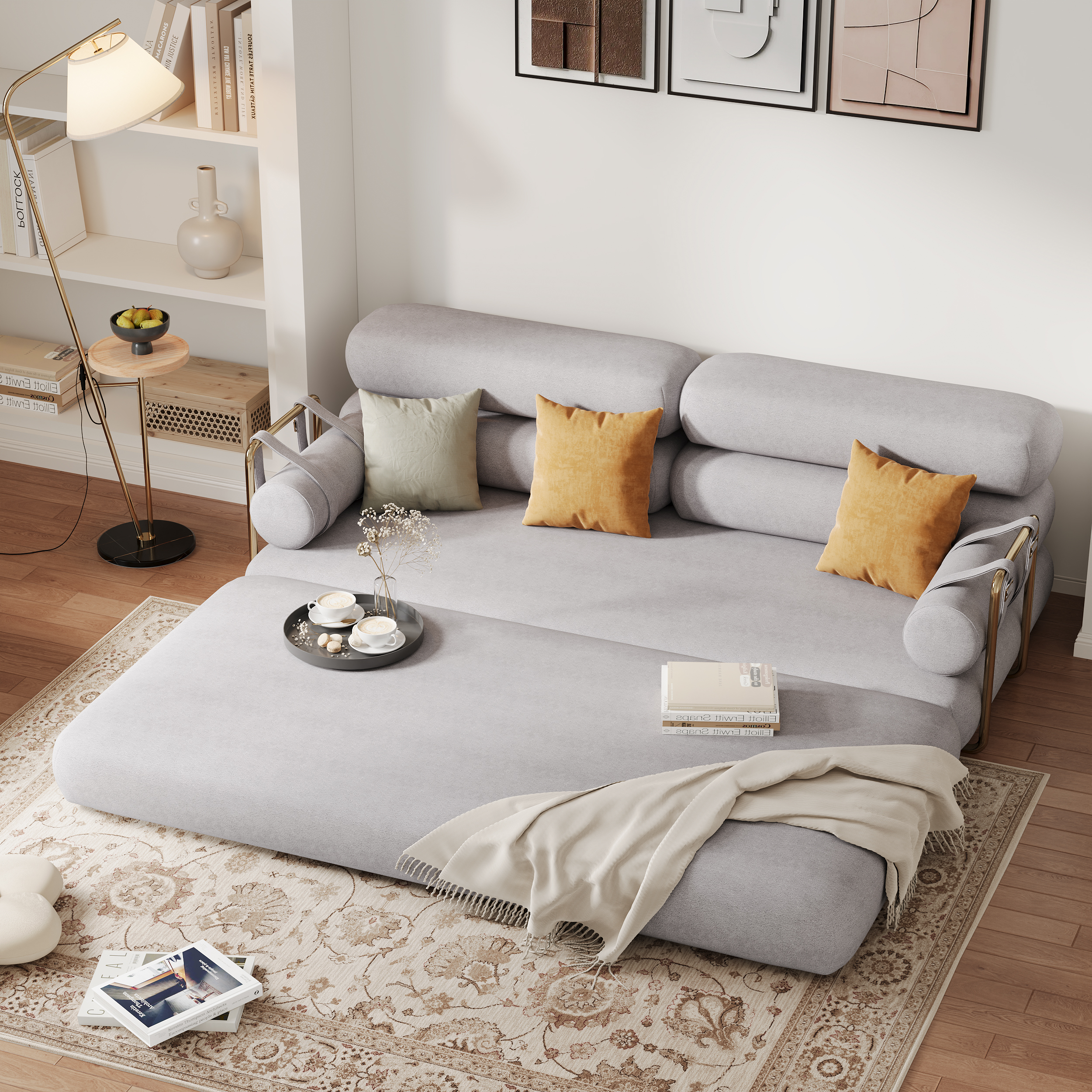 King Size Gray Velvet Convertible Sleeper Couch 81" Modern 3-Seater Futon Sofa Bed