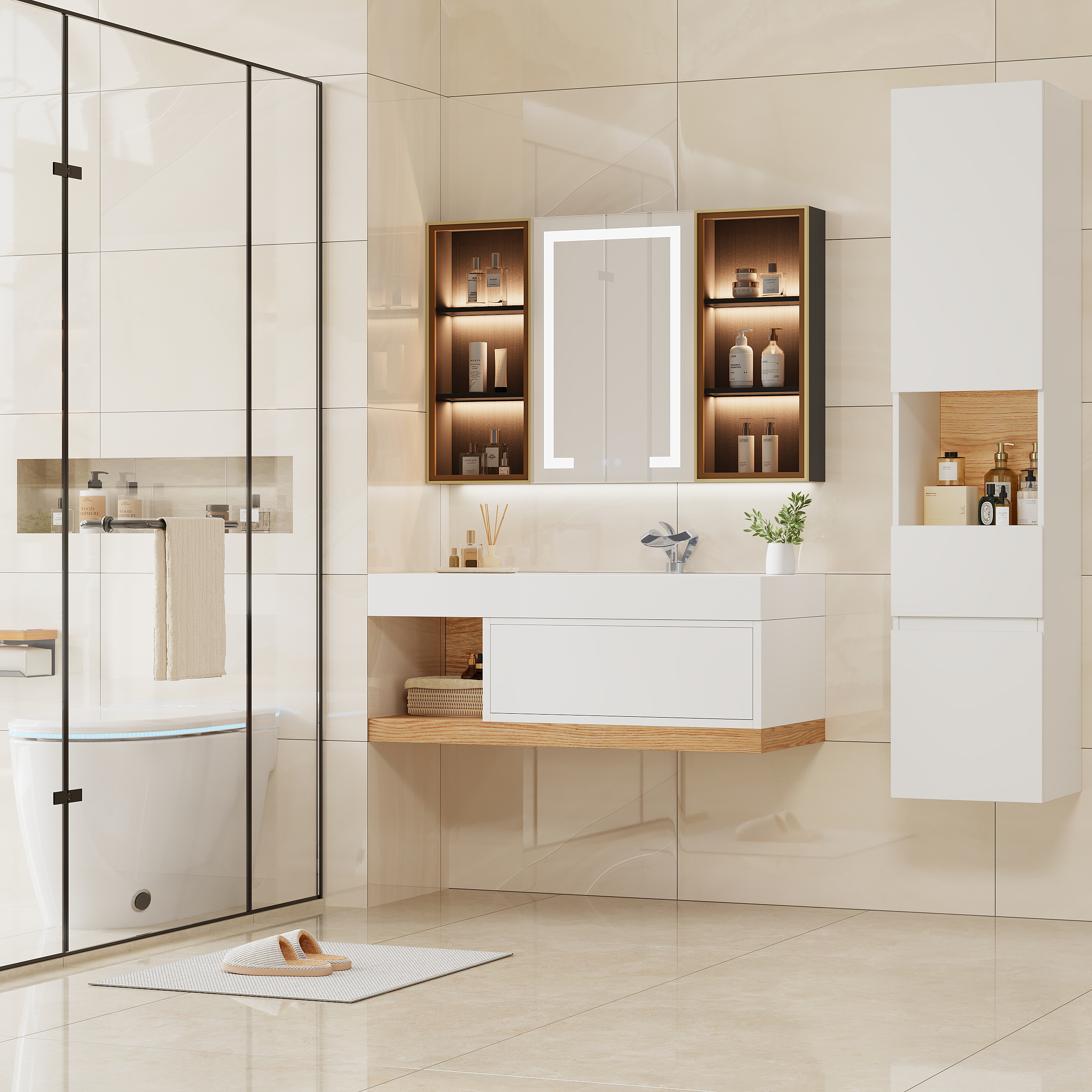 Homary Bathroom Cabinet | High Cabinet Natural & White- 13.8" x 13.8" x 63", With Drawers