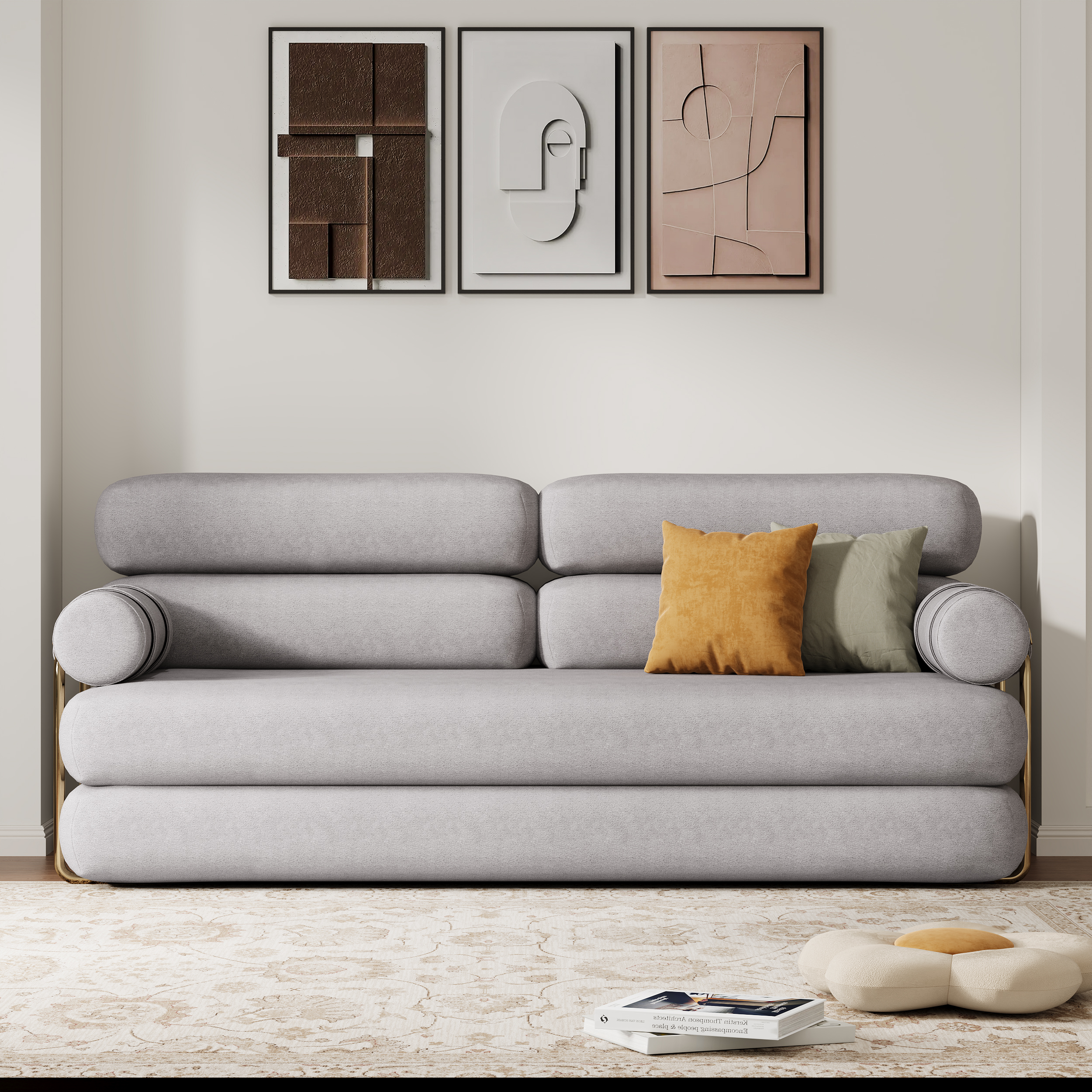 King Size Gray Velvet Convertible Sleeper Couch 81" Modern 3-Seater Futon Sofa Bed
