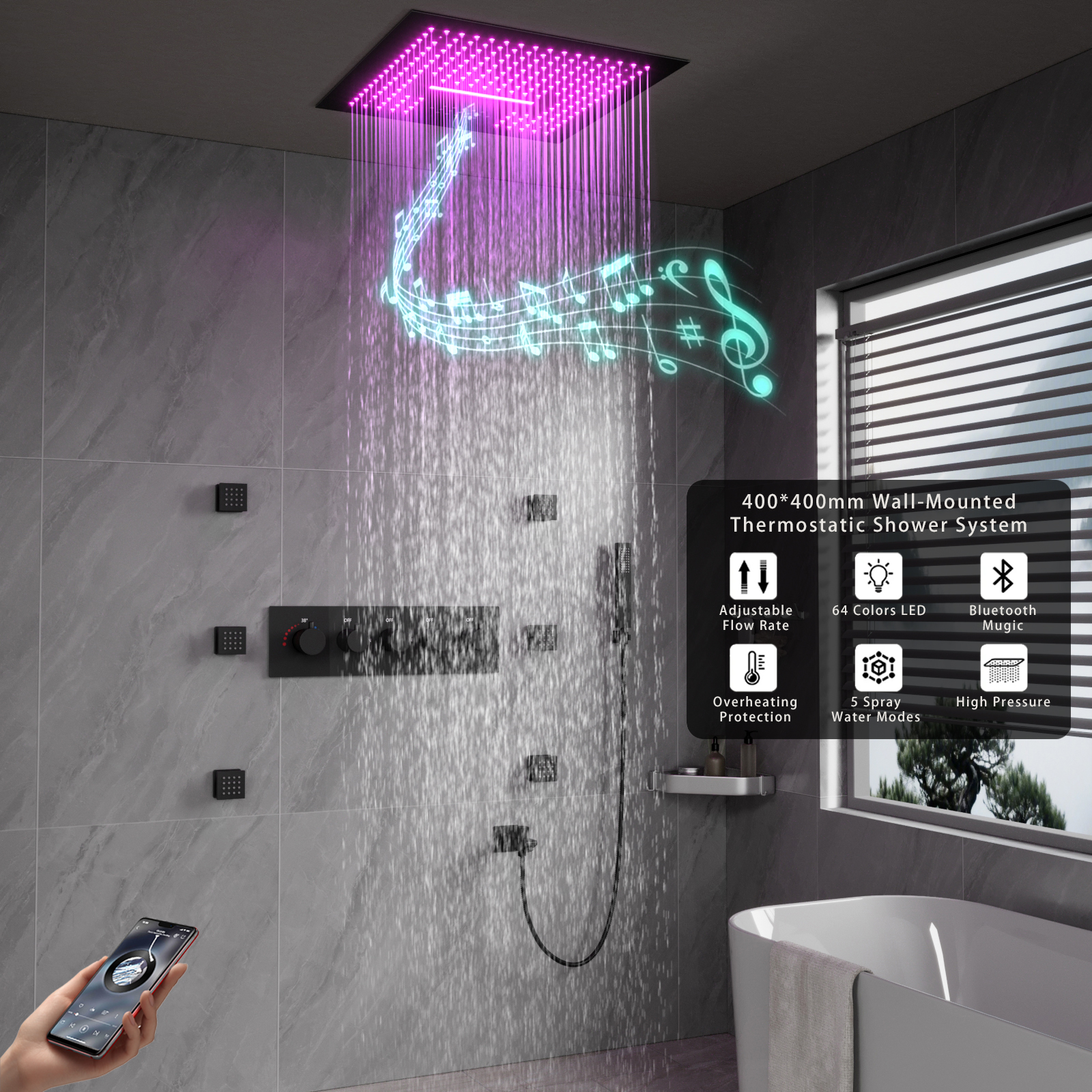 Wall-Mounted 16" Shower System in Black 4 Function Thermostatic
