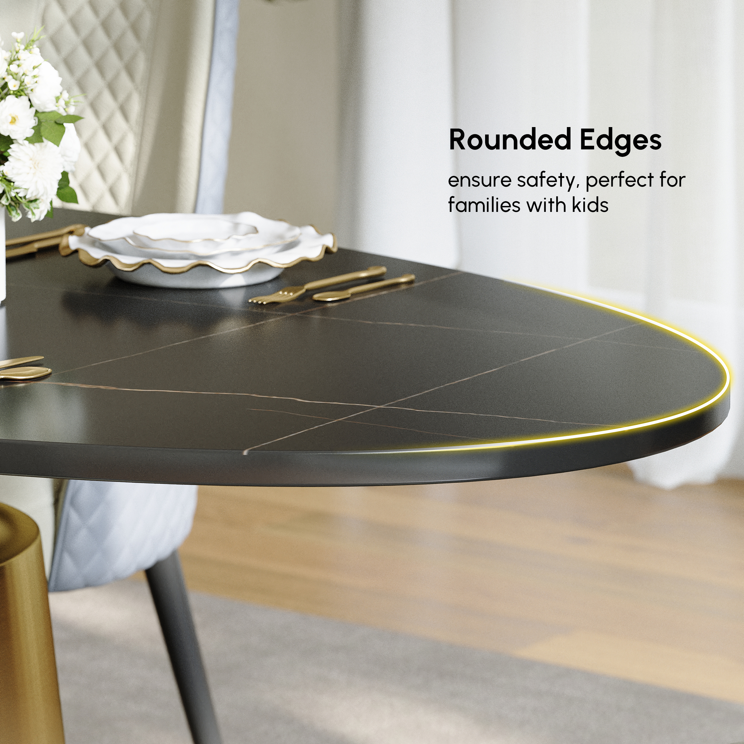 1600mm Modern Oval Stone Dining Table with Bronze Carbon Steel