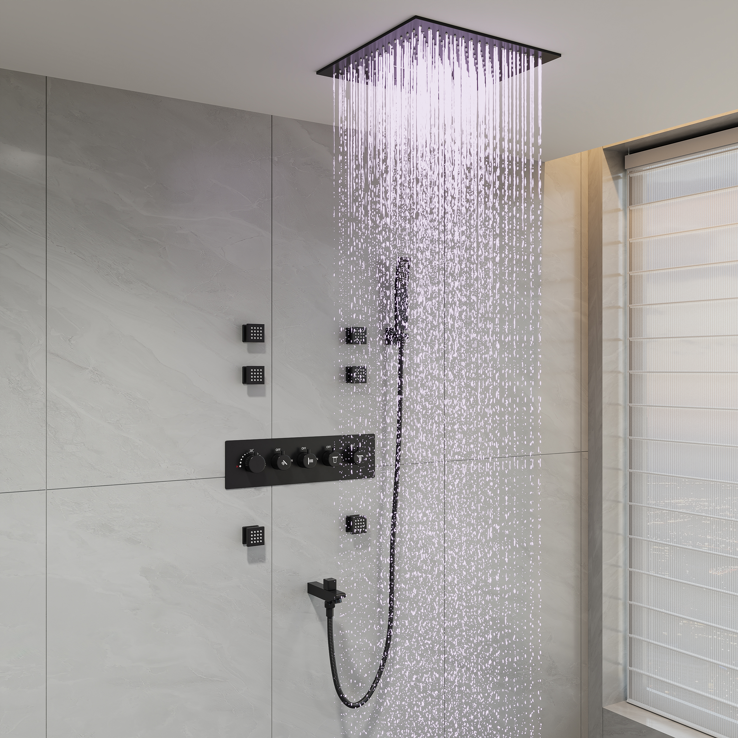 Wall-Mounted 16" Shower System in Black 4 Function Thermostatic