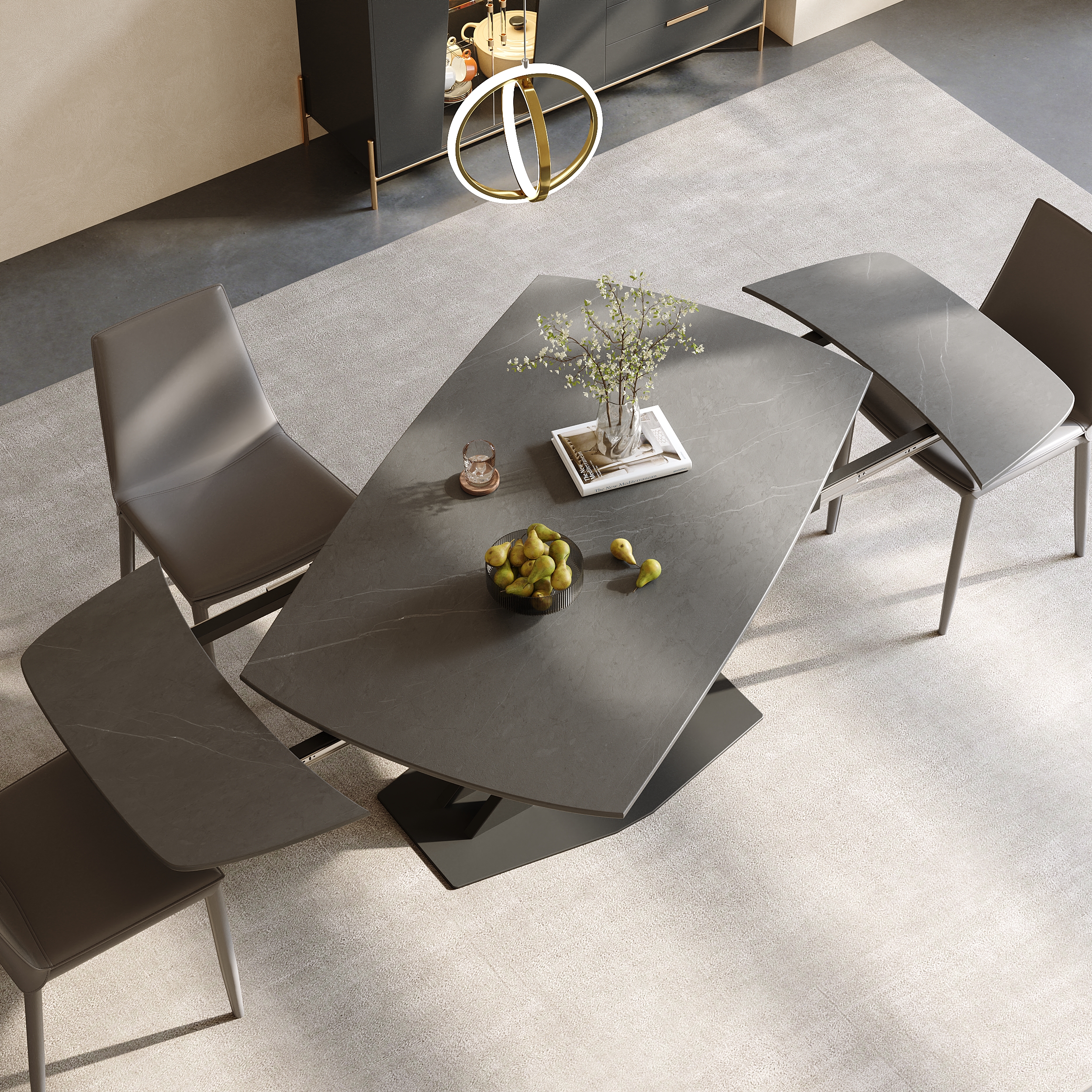 Table de salle à manger moderne extensible en pierre frittée grise de 1800 mm avec base en X à feuilles pour 4 à 6 personnes