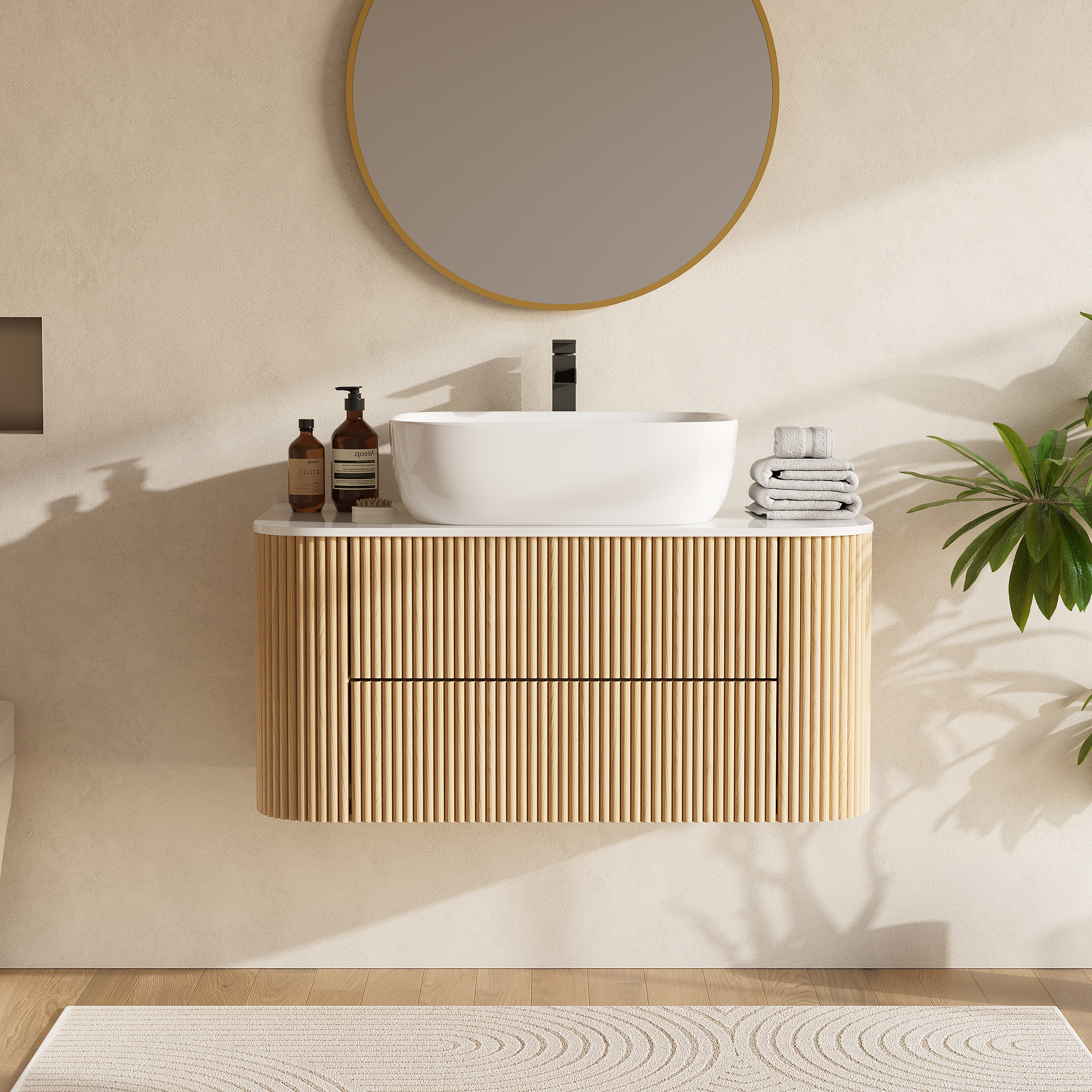 36"" Floating Bathroom Vanity with Vessel Sink, Farmhouse Style, Fluted Design