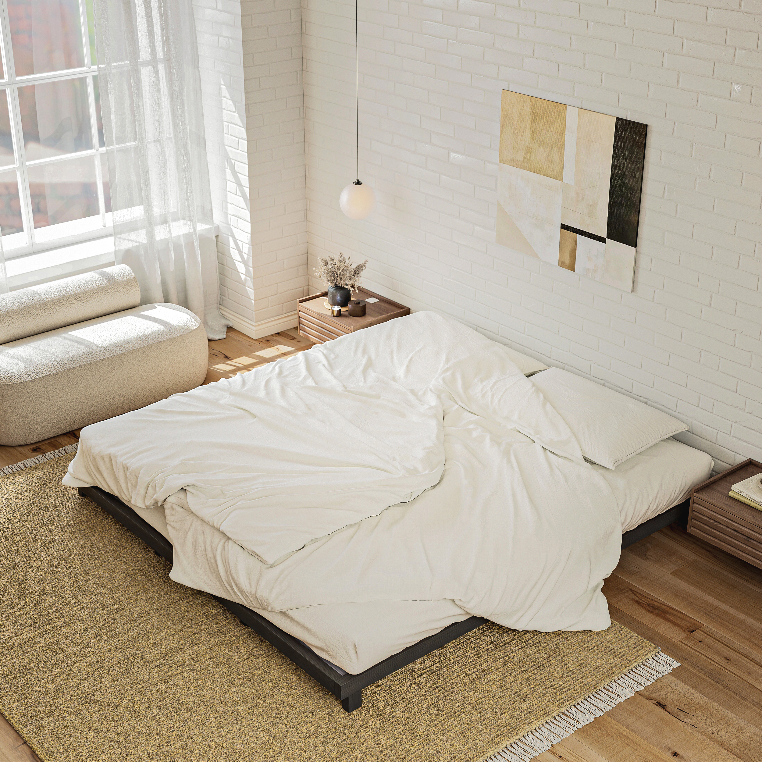 Japanese Style King Low Bed Frame Whitewash Floor Bed
