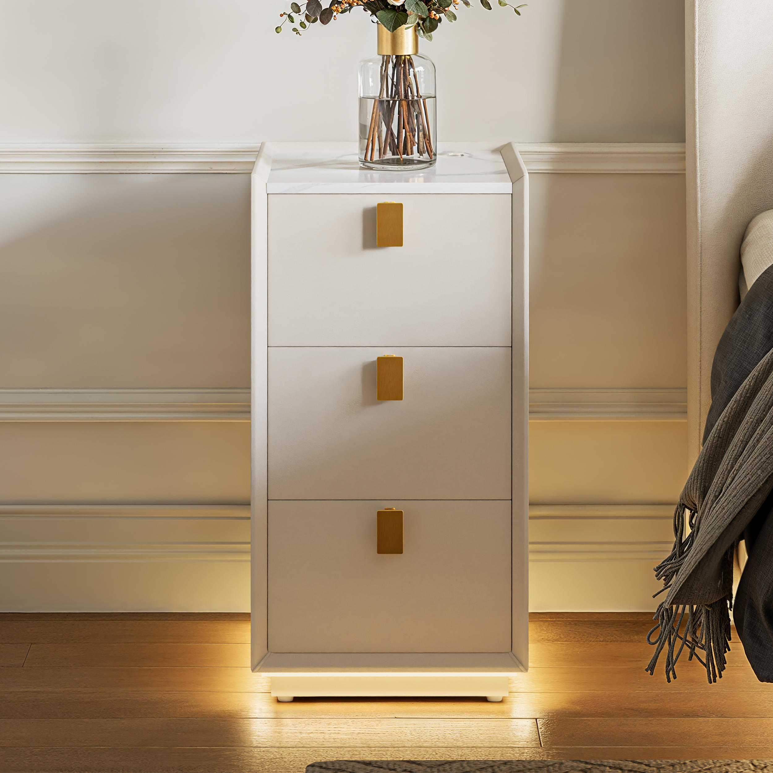 3-Drawer Narrow Bedside Table Faux Leather with Built-in Charging Station