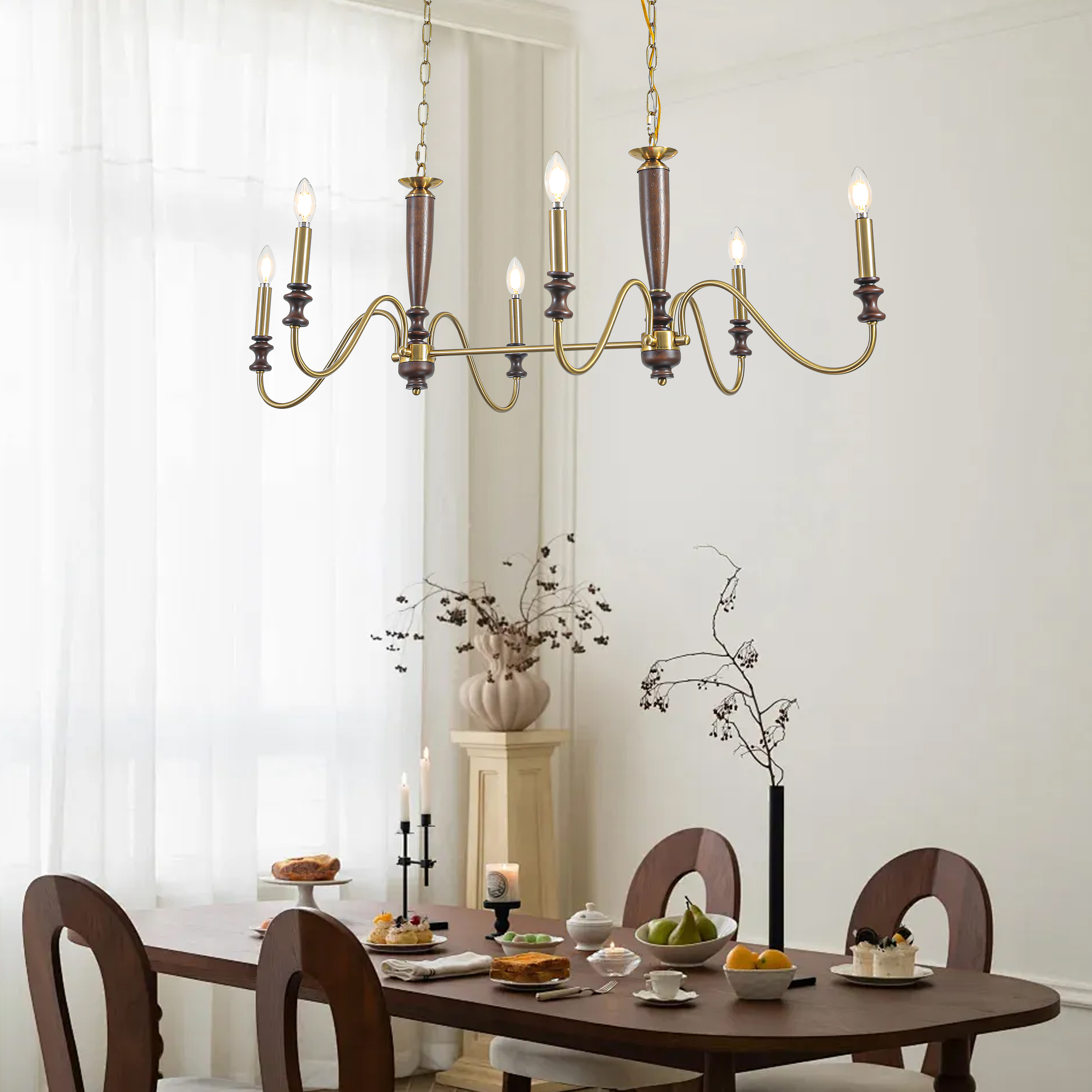 6-Light Kitchen Island Lighting-Solid Wood Chandelier 46"