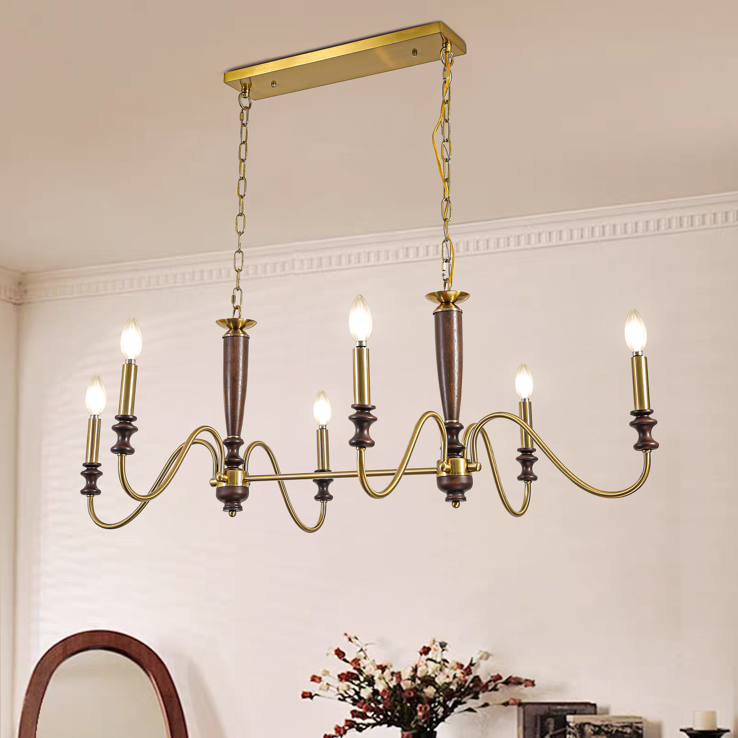 6-Light Kitchen Island Lighting-Solid Wood Chandelier 46"