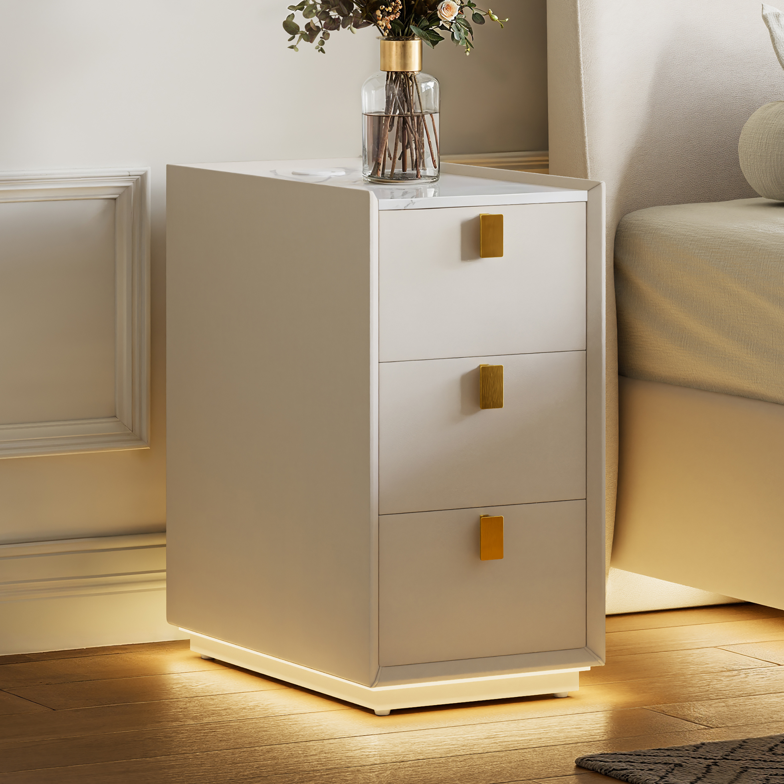 3-Drawer Narrow Bedside Table Faux Leather with Built-in Charging Station