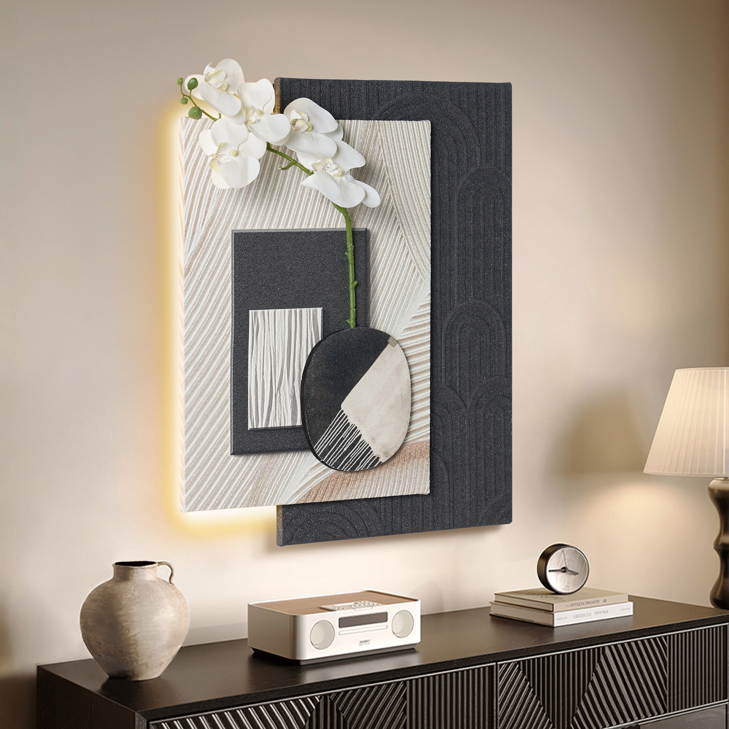 Modern Black & White Wall Art with LED Warm Light & Faux Orchid– 23.6" x 19.3"