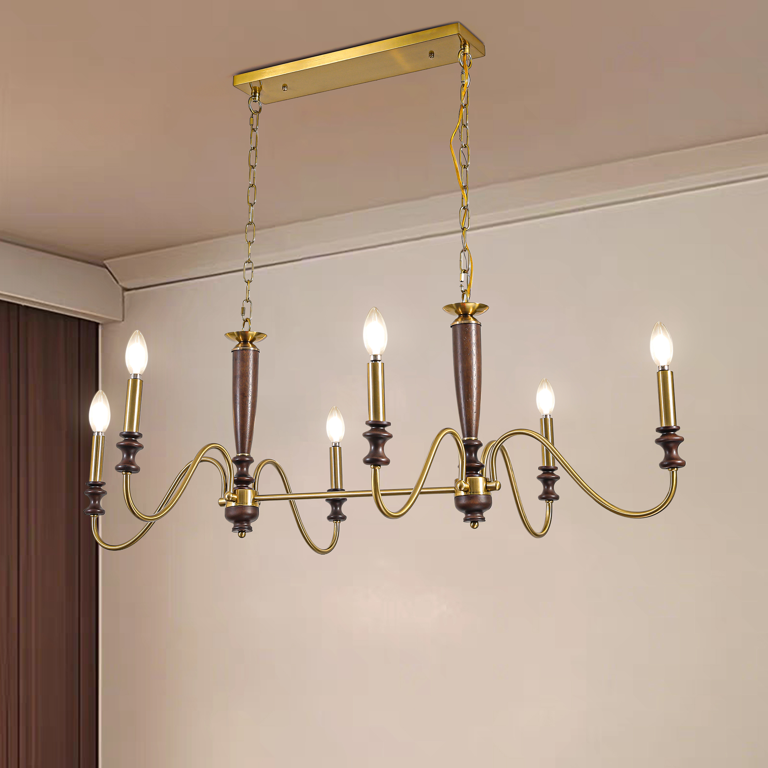 6-Light Kitchen Island Lighting-Solid Wood Chandelier 46"