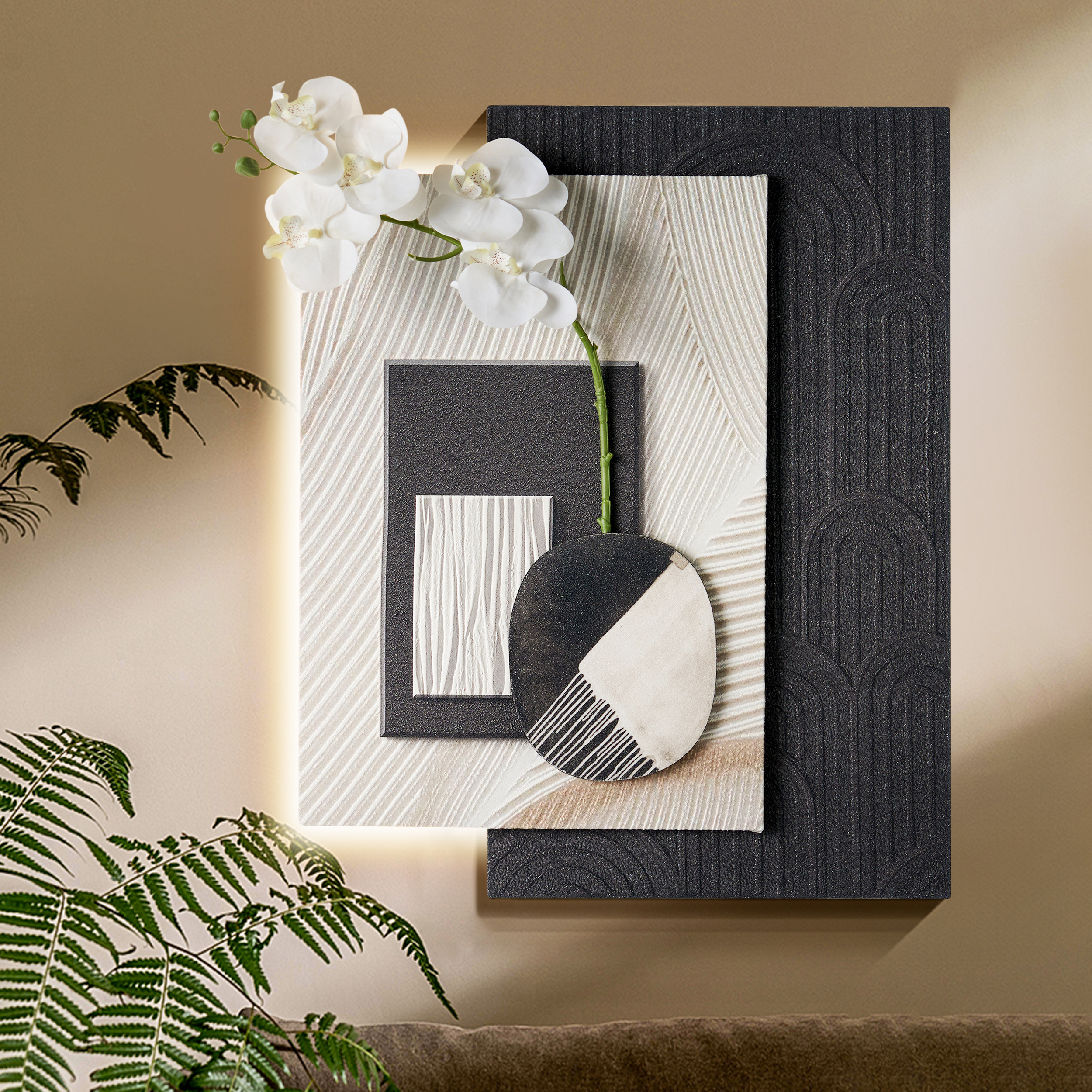 Modern Black & White Wall Art with LED Warm Light & Faux Orchid– 23.6" x 19.3"