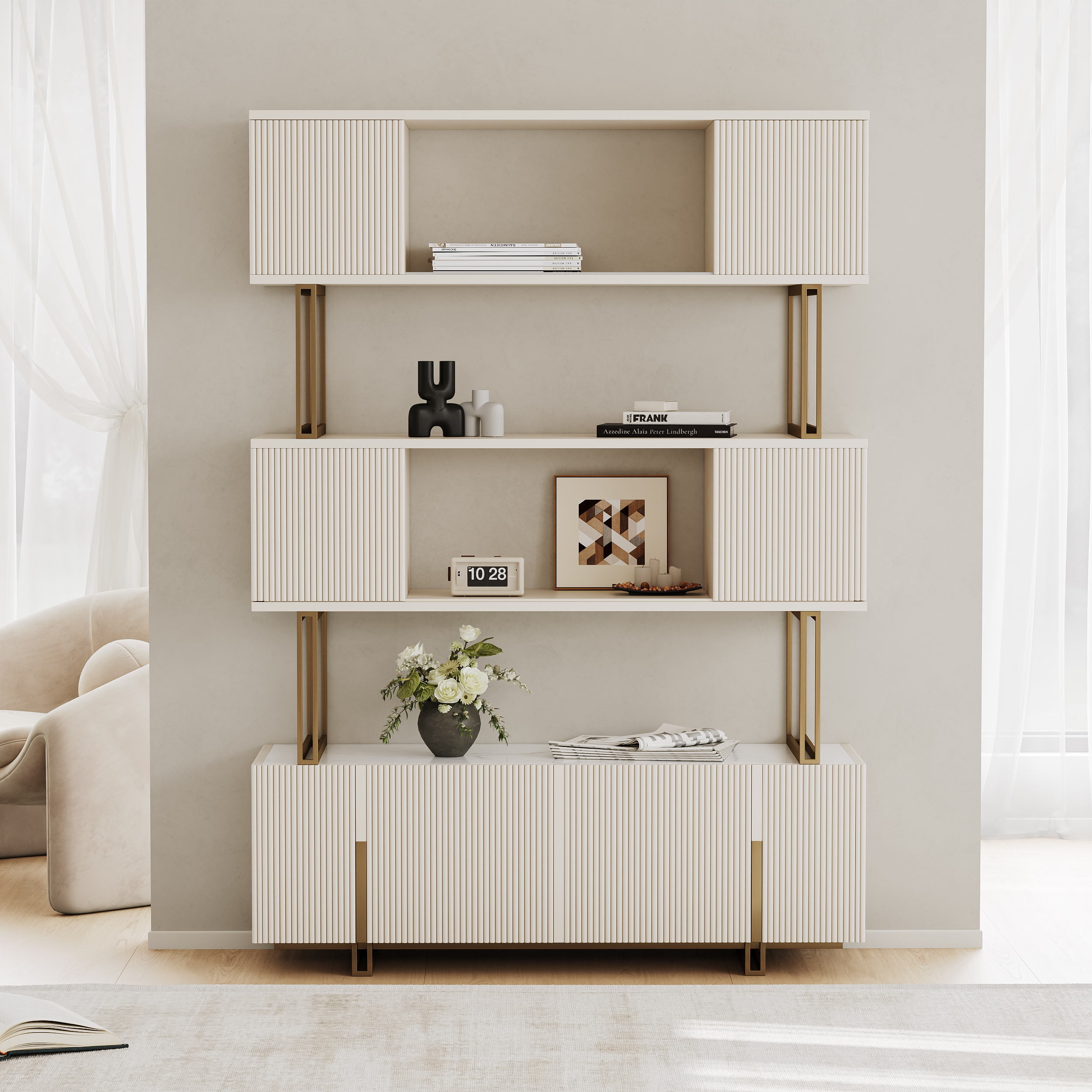 5-Shelf Off-white Bookshelf Etagere Tall Bookcase for Home & Office (72.8" High)