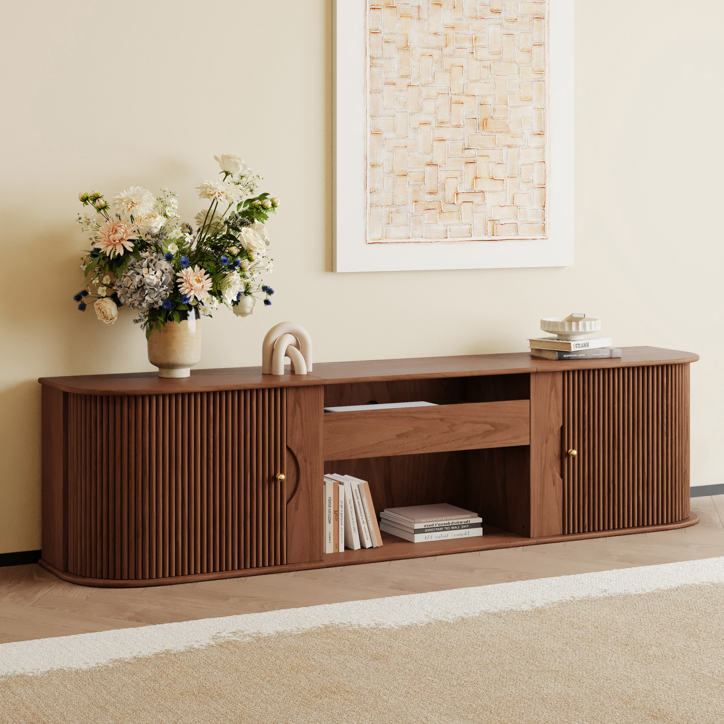 83" Ash Wood Fluted TV Stand Mid Century Modern Media Console with UST Projector Cabinet & LED