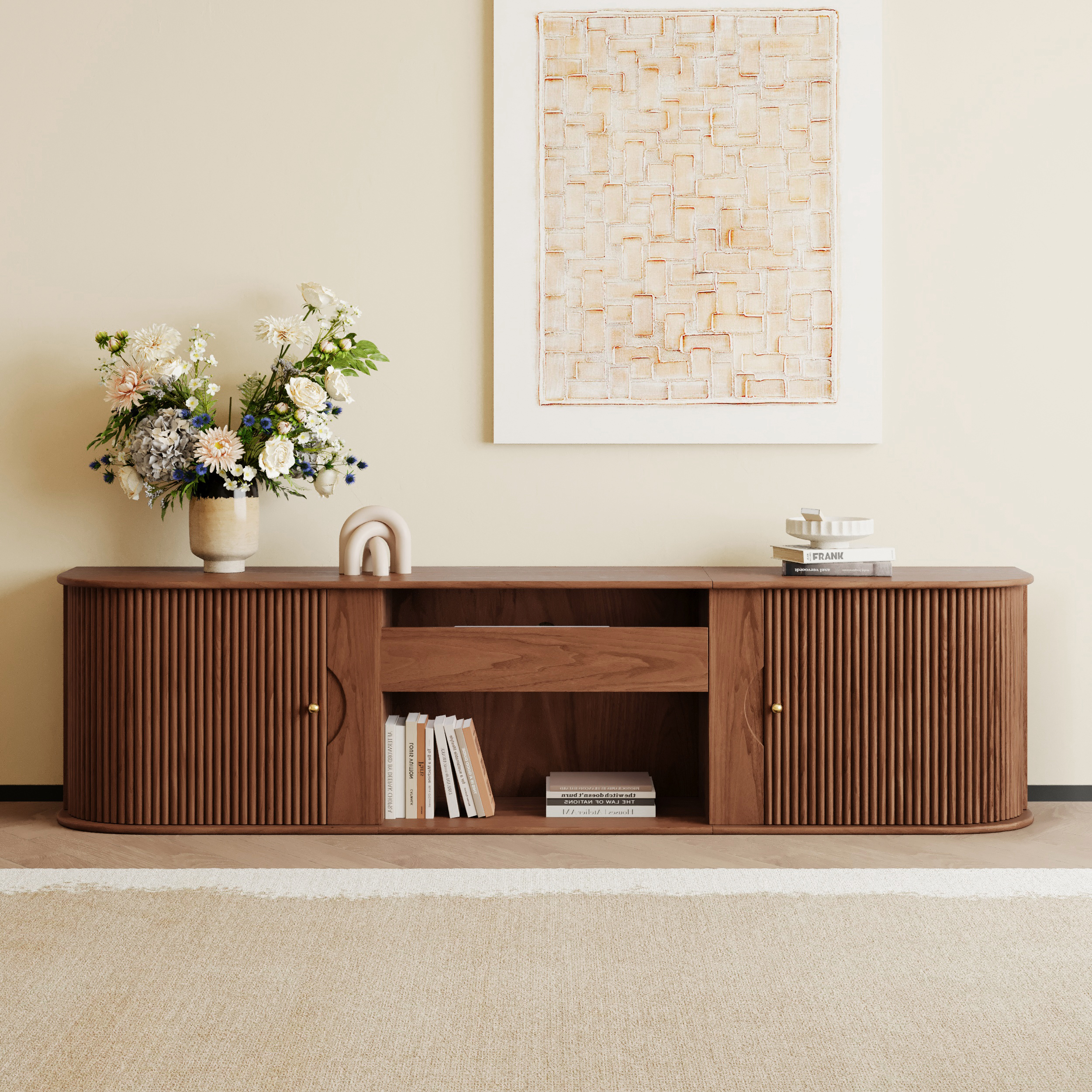 83" Ash Wood Fluted TV Stand Mid Century Modern Media Console with UST Projector Cabinet & LED