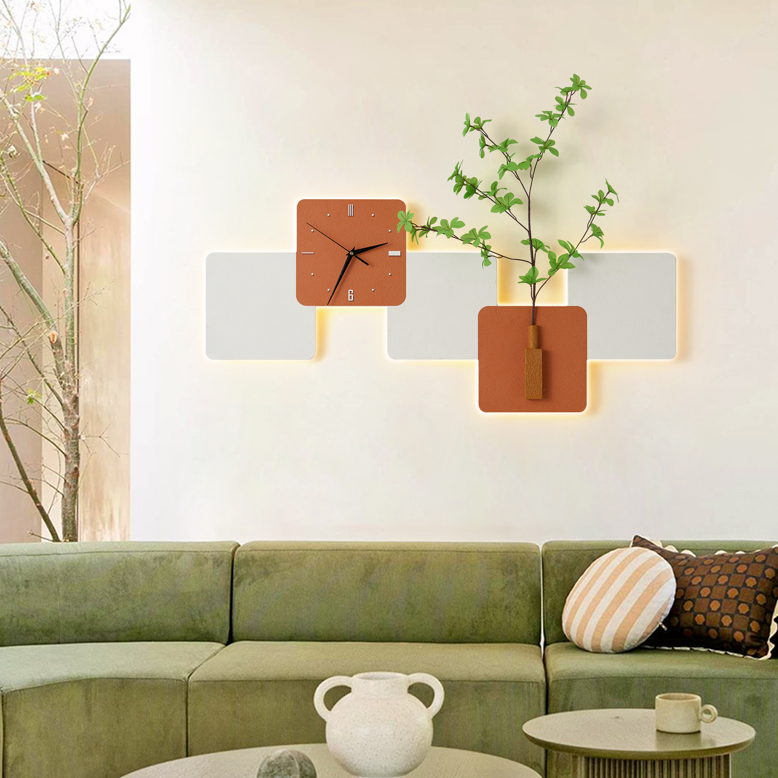 Modern LED Wall Clock with Faux Greenery– White & Orange, 39" x 18", Quartz Movement