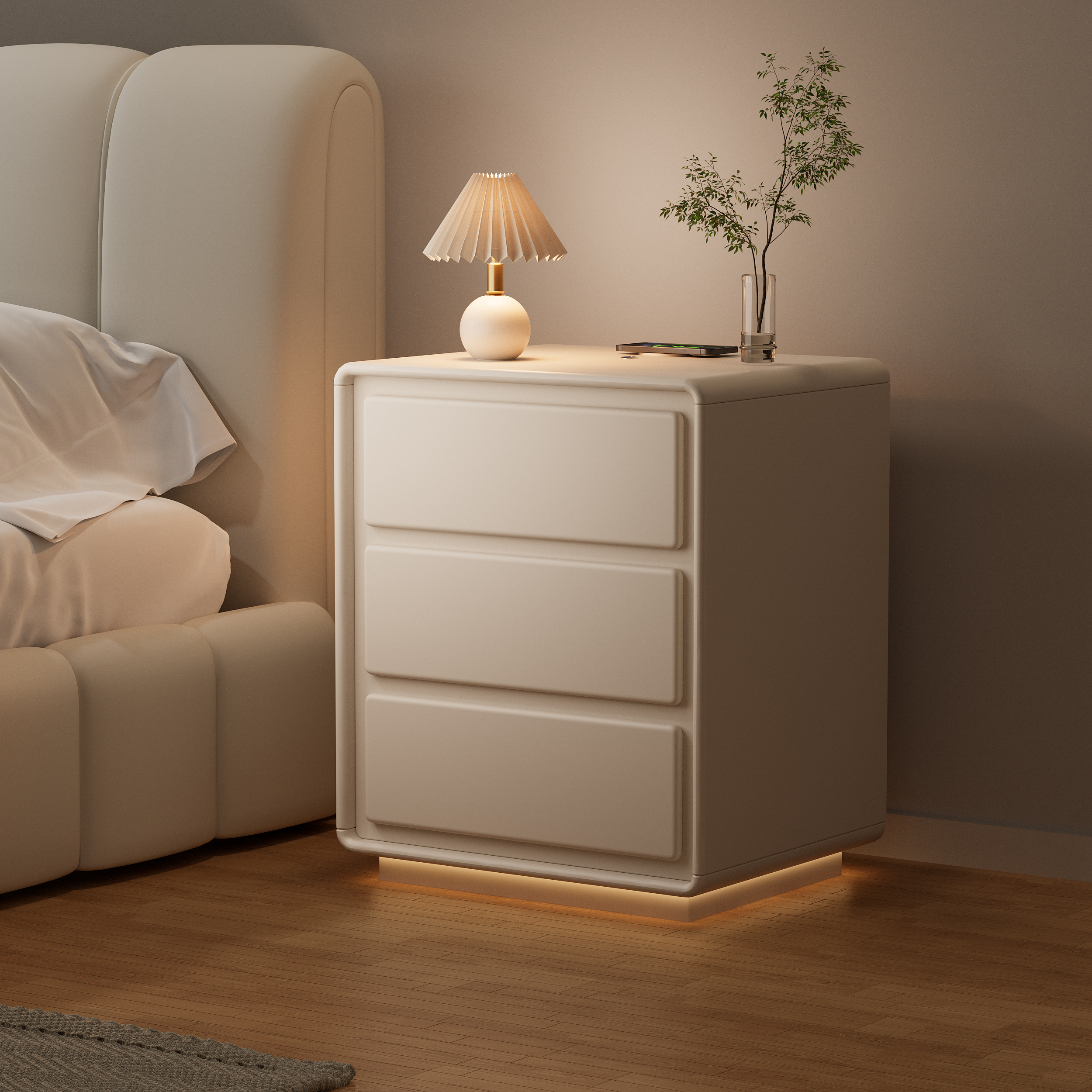 Modern Nightstand off-white with 3-drawers and LED and USB charging function