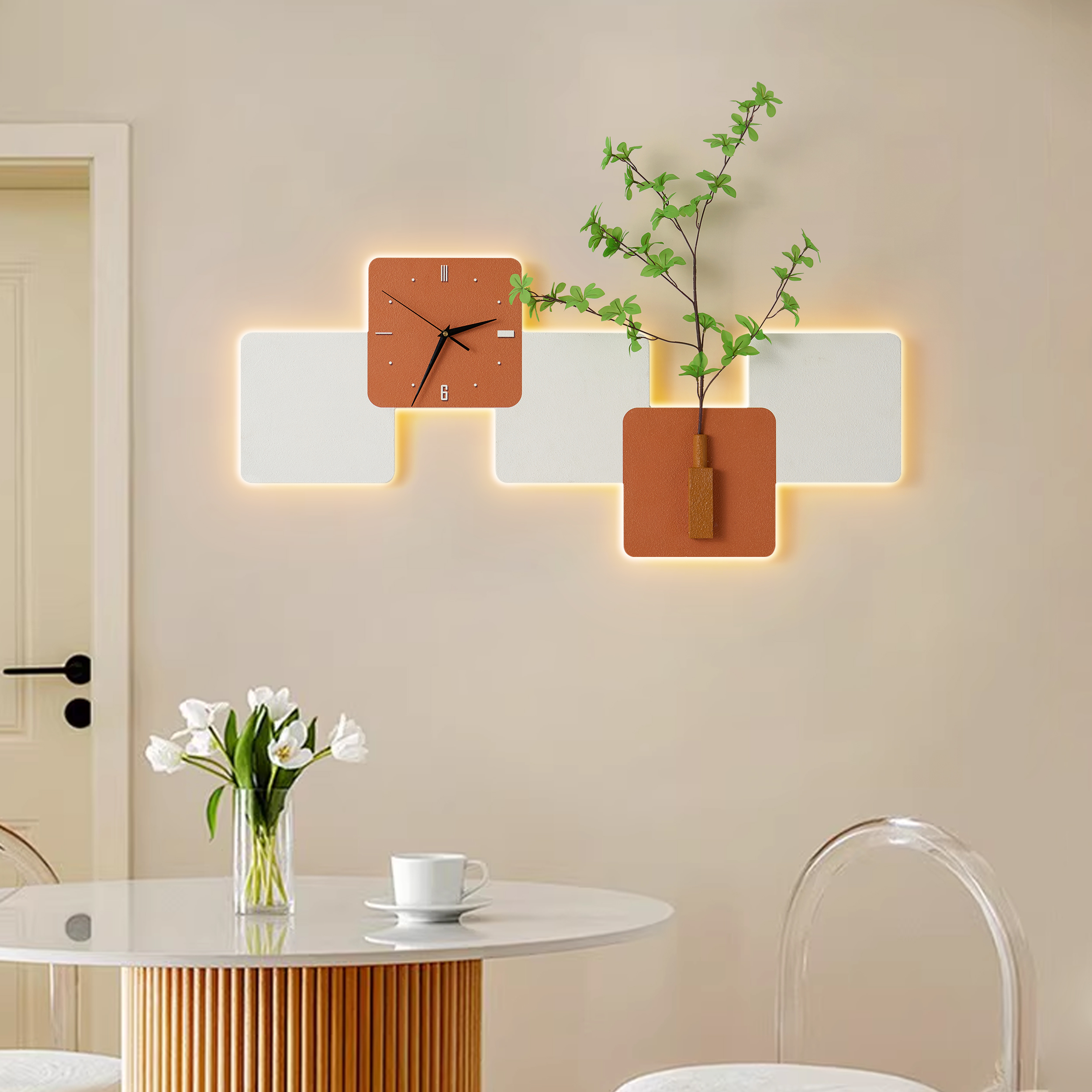 Modern LED Wall Clock with Faux Greenery– White & Orange, 39" x 18", Quartz Movement