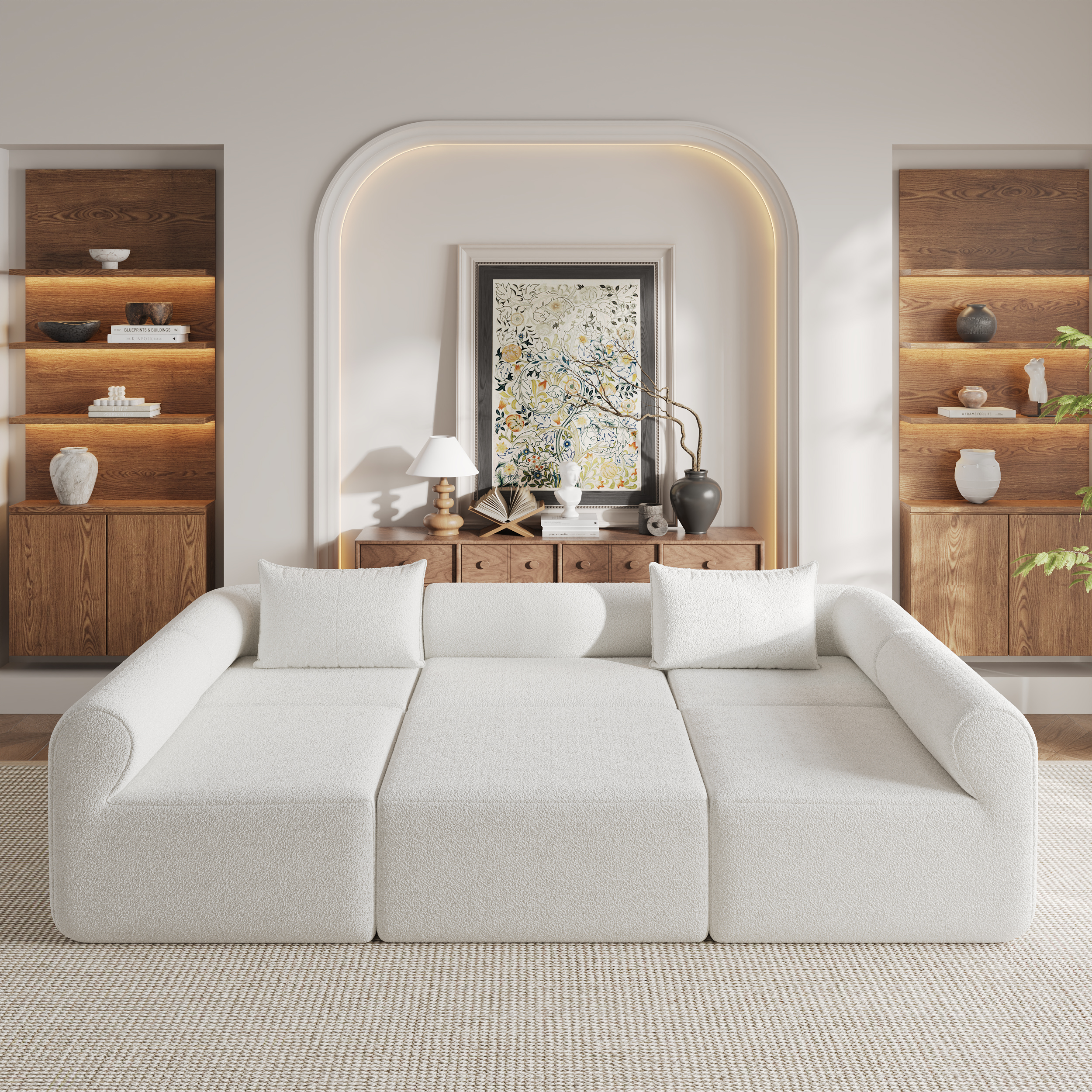 120" Boucle Modular Chaise Sectional Sofa 6 Pieces White Sectional Couch