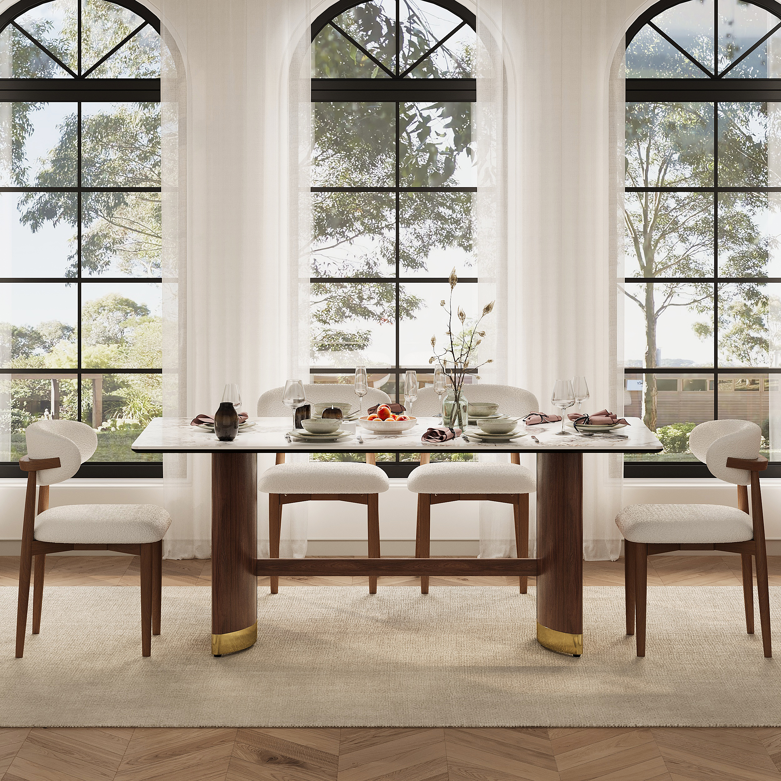 71" Sintered Stone Rectangular Dining Table with Doubel Pedestal Seats 6-8 People