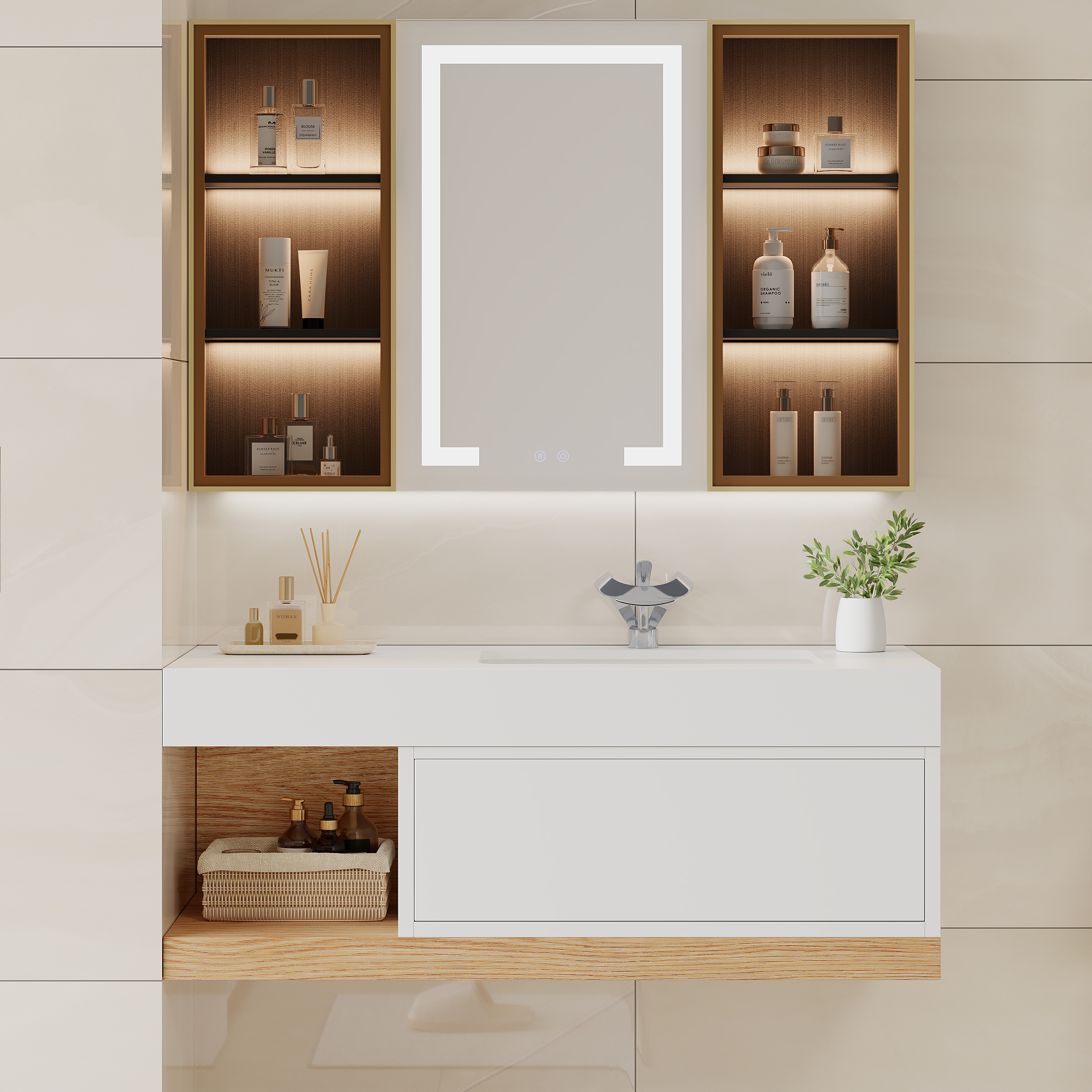 Juego de tocador de baño flotante moderno de 1000 mm con un solo lavabo, montaje en pared, blanco y natural