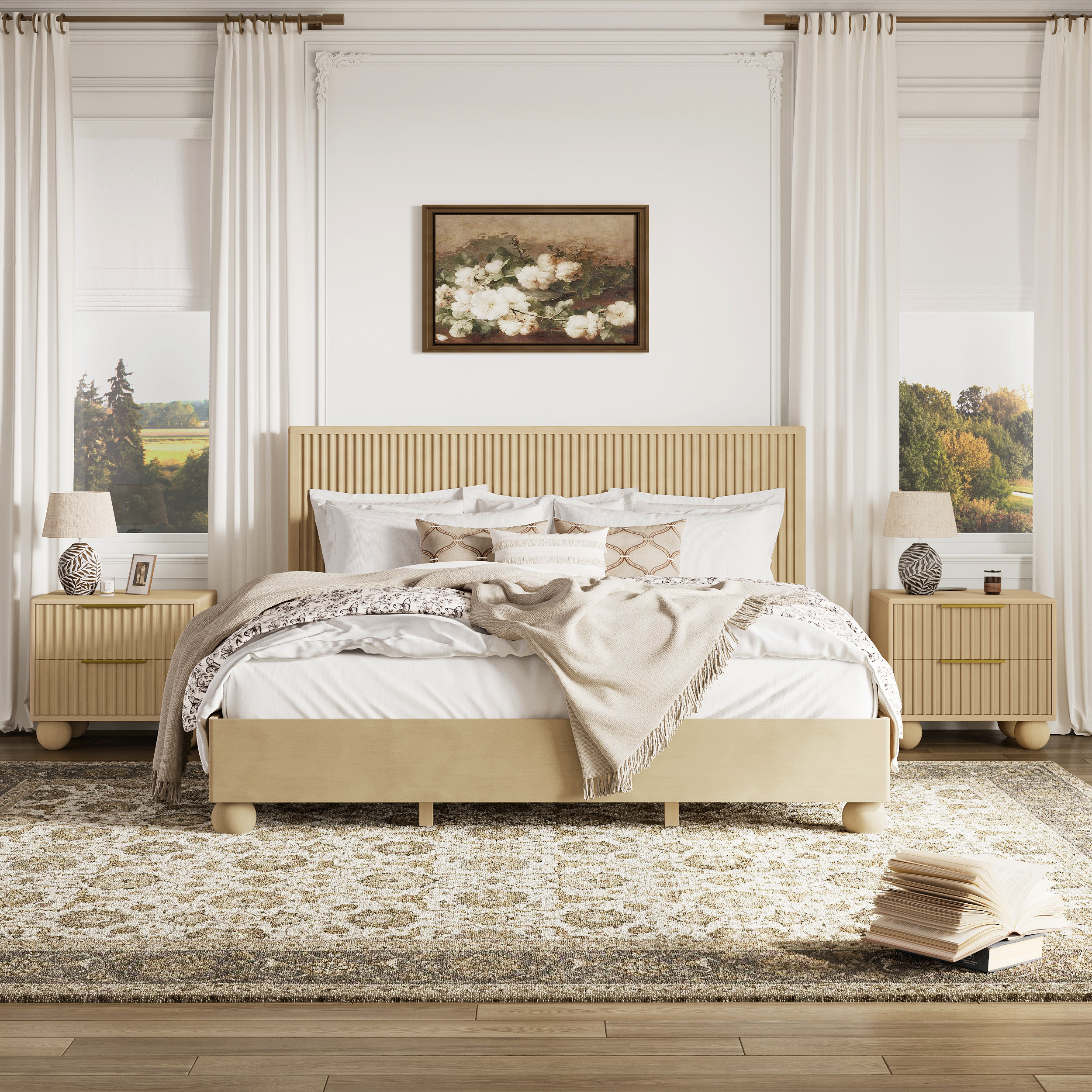 Bolla Modern Solid Wood Queen Size Fluted Bedroom Set Nightstand Set of 2
