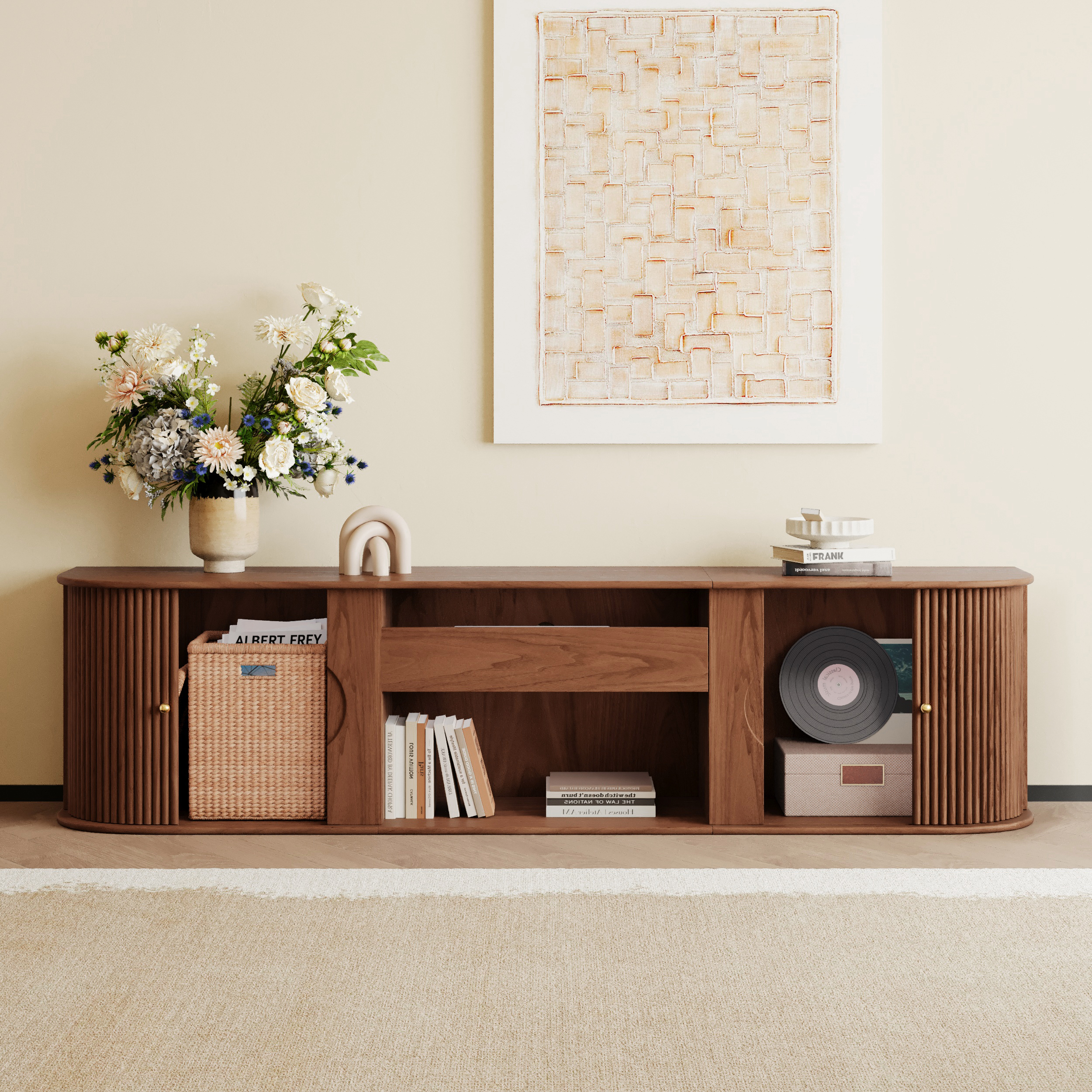 83" Ash Wood Fluted TV Stand Mid Century Modern Media Console with UST Projector Cabinet & LED