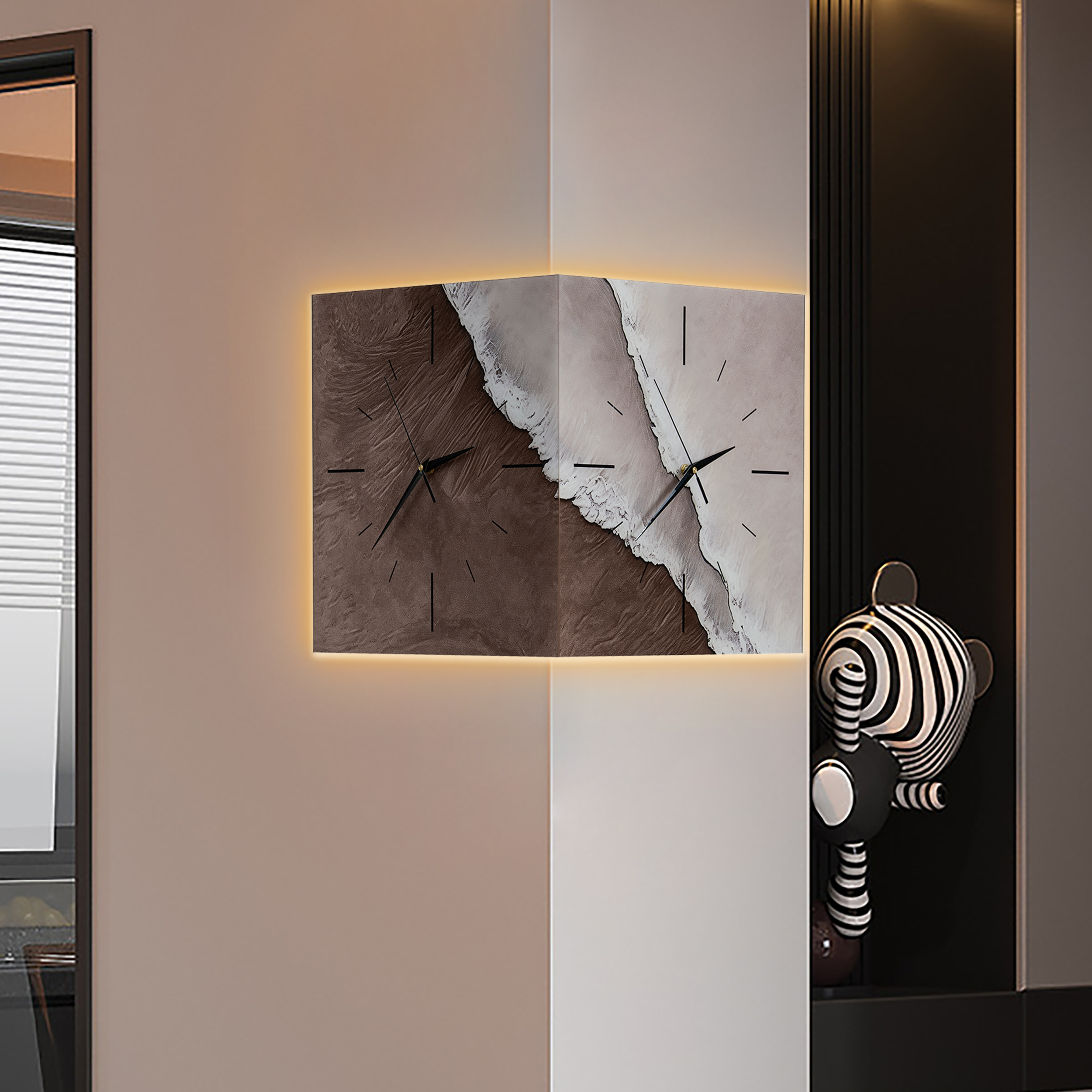 Reloj de pared moderno de esquina con iluminación ajustable, marco duradero, diseño artístico texturizado para sala de estar