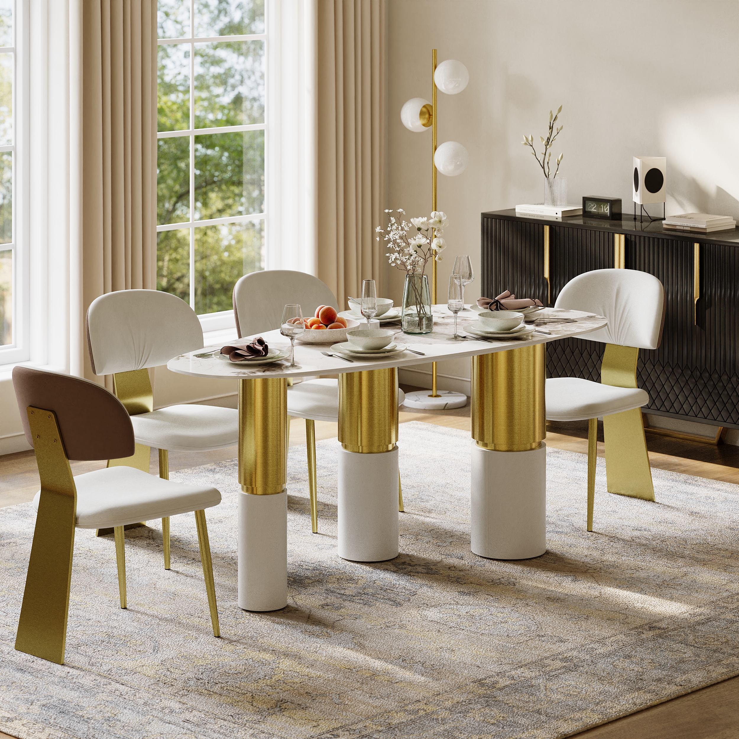 63" Sintered Stone Pebble Dining Table with 3 Legs Seats 4-6 People