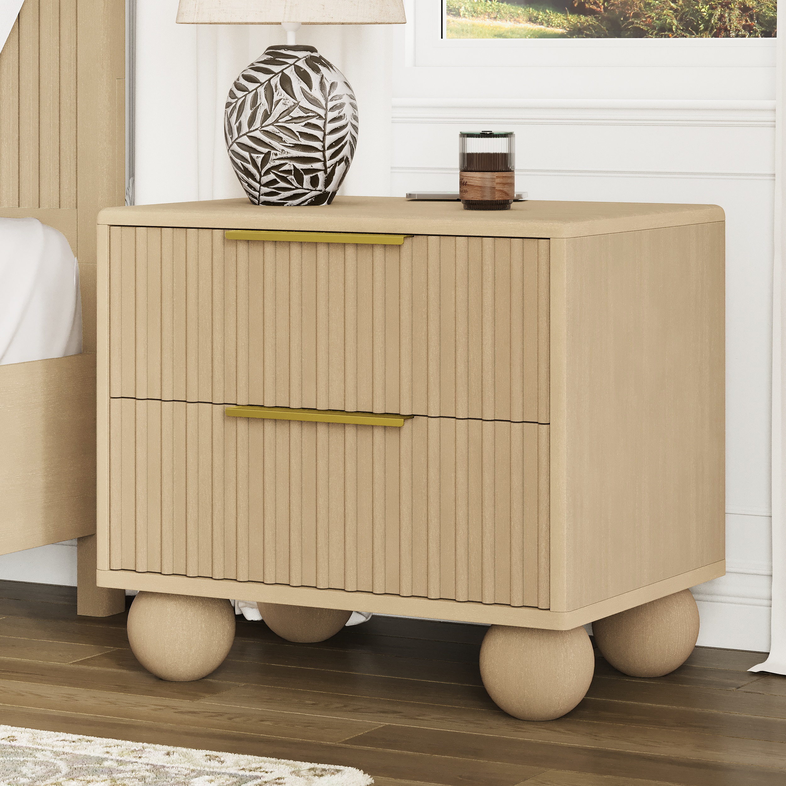 Bolla 25" Fluted Solid Wood 2-Drawer Nightstand with Charging Station
