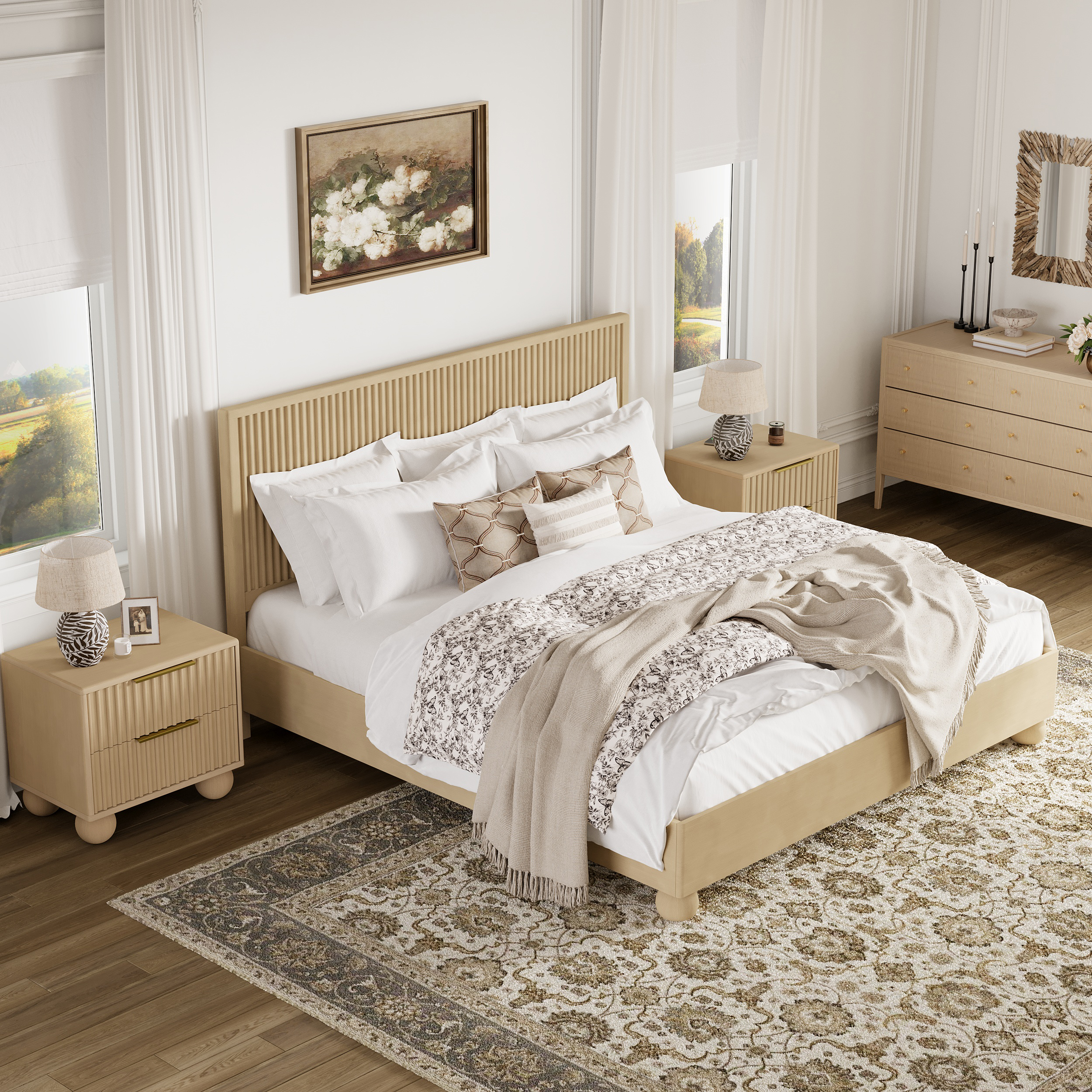 Bolla Modern Solid Wood Queen Size Fluted Bedroom Set Nightstand Set of 2