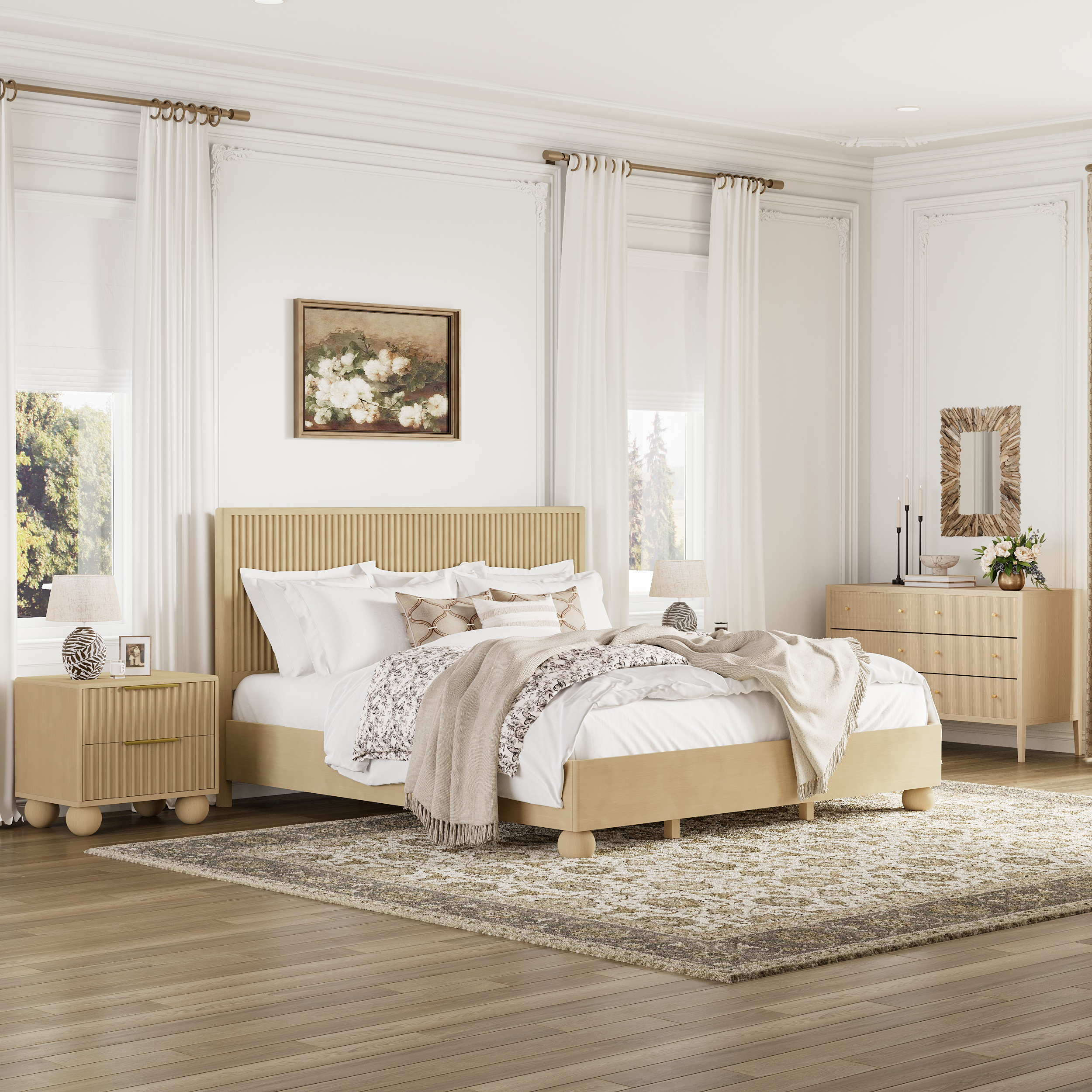 Bolla Modern Solid Wood Queen Size Fluted Bedroom Set Nightstand Set of 2