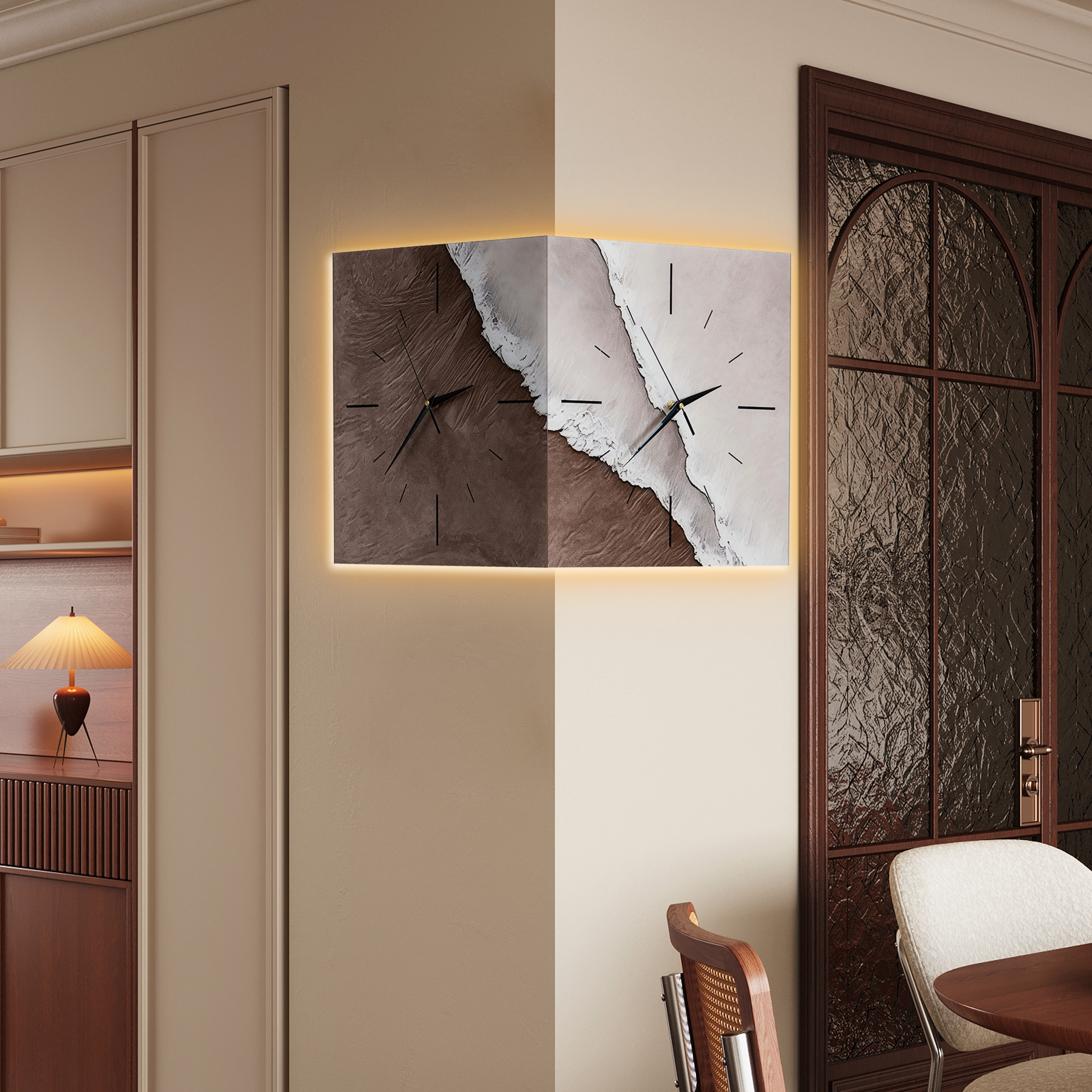 Modern Corner Wall Clock with Adjustable Lighting Durable Frame Textured Artistic Design in Living