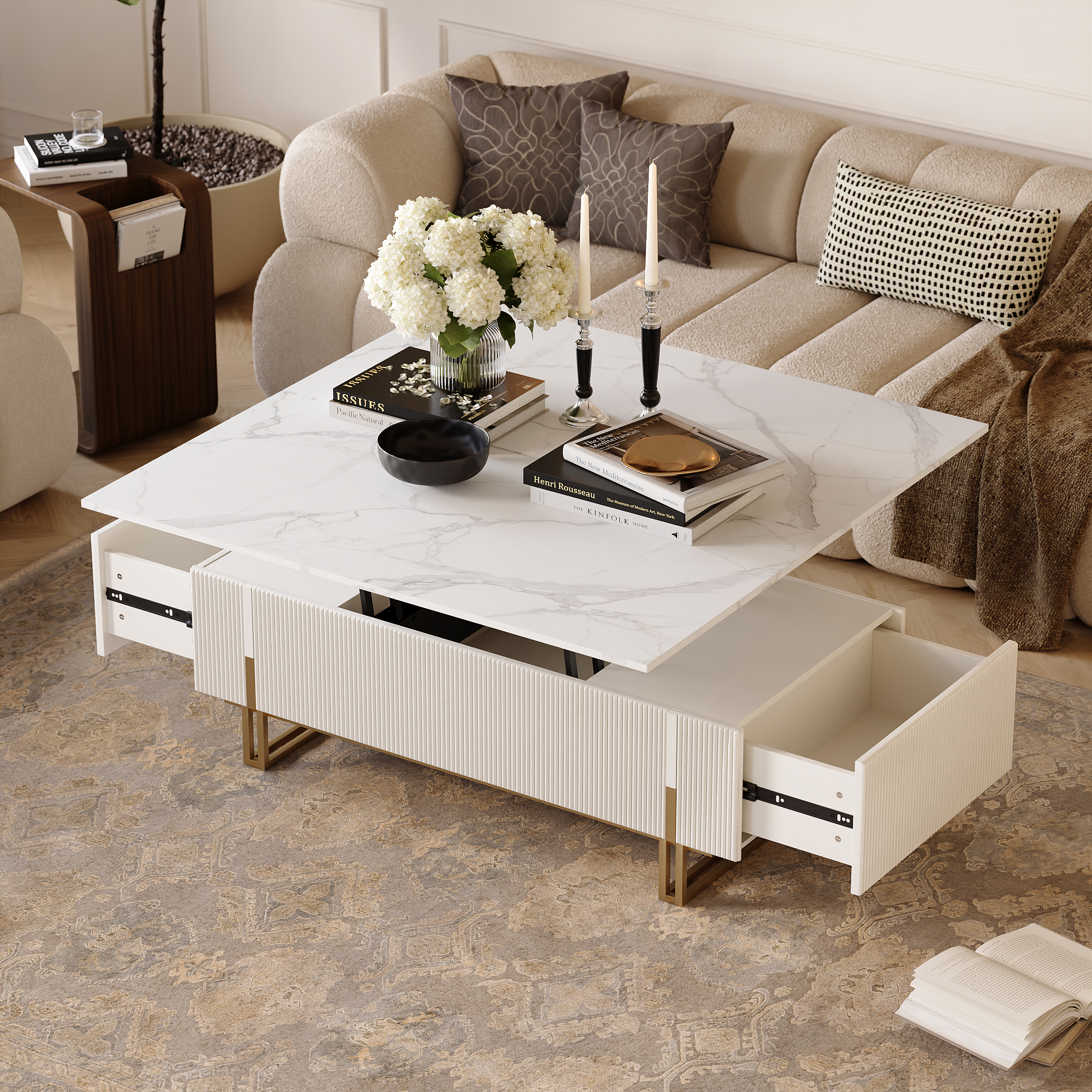 47.2" Fluted Lift-Top Coffee Table with 2 Drawers