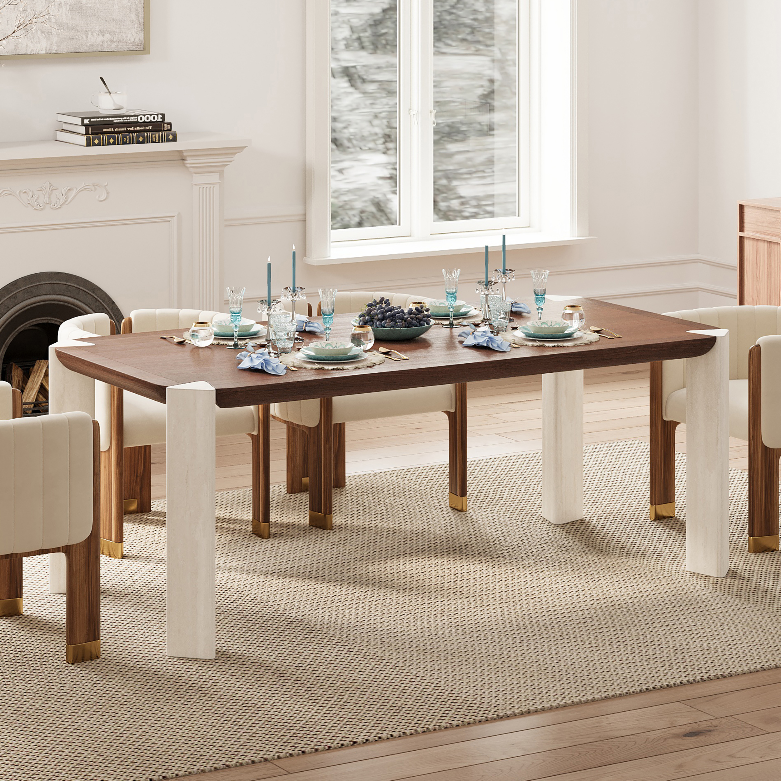 Joren 79" Rectangular Dining Table with Concrete Post Legs Seats 6-8 People