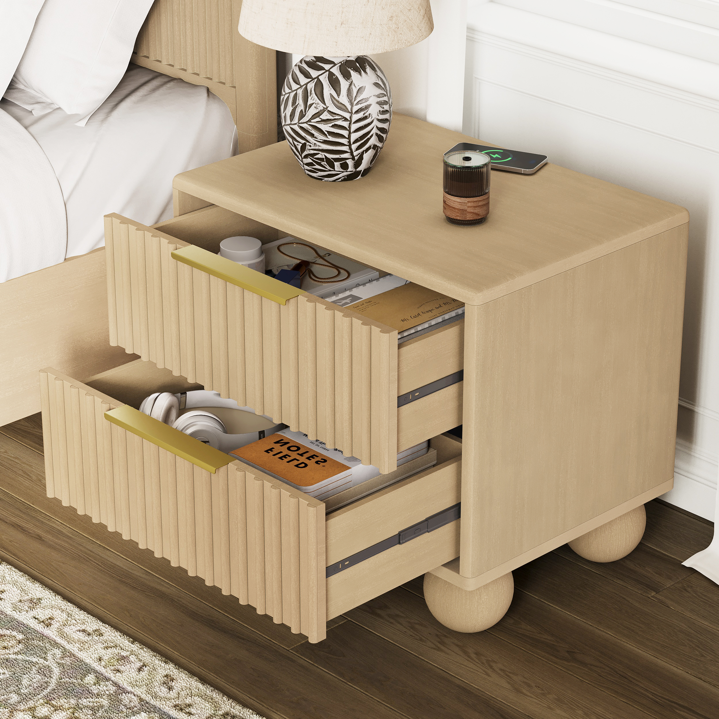 Bolla 25" Fluted Solid Wood 2-Drawer Nightstand with Charging Station