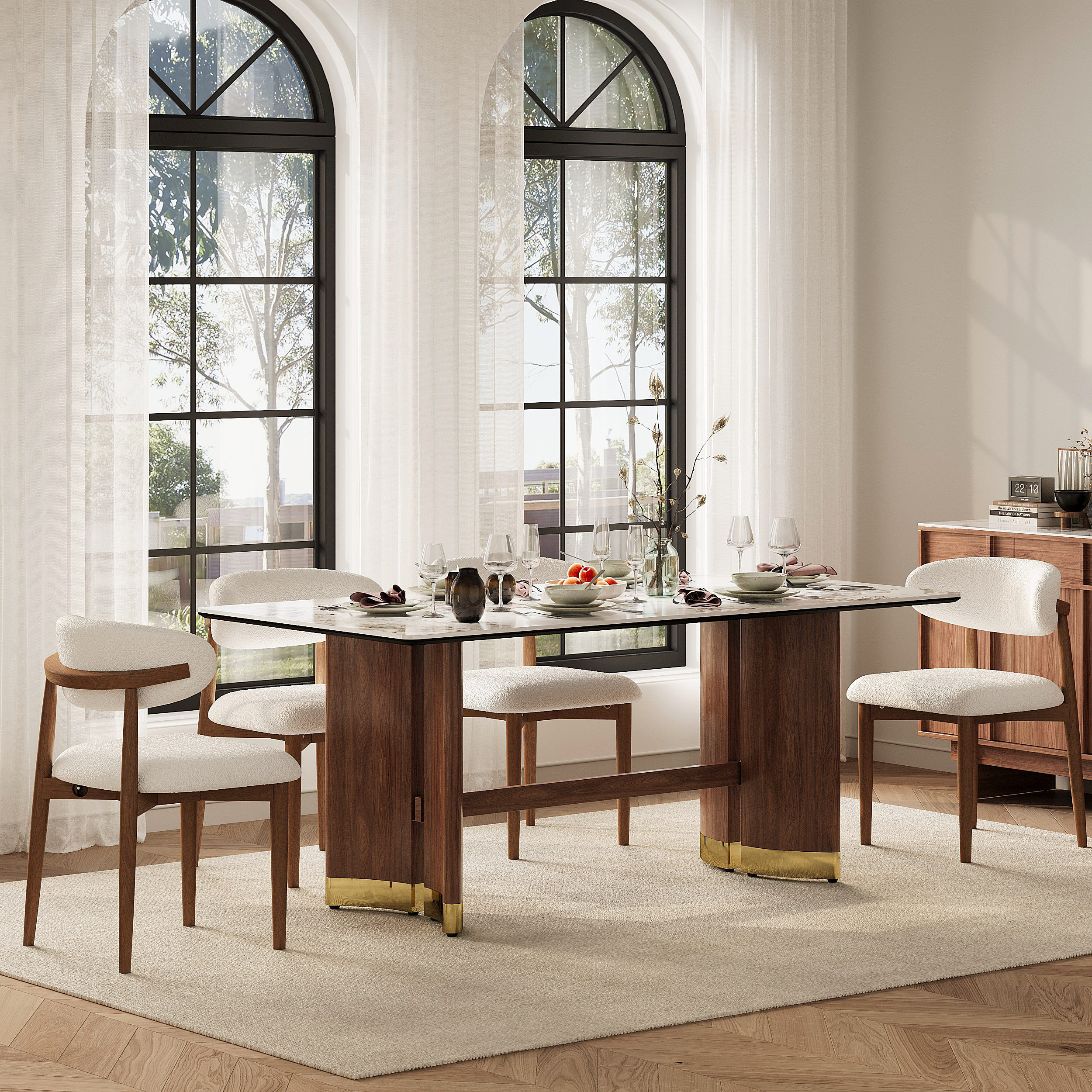 71" Sintered Stone Rectangular Dining Table with Doubel Pedestal Seats 6-8 People
