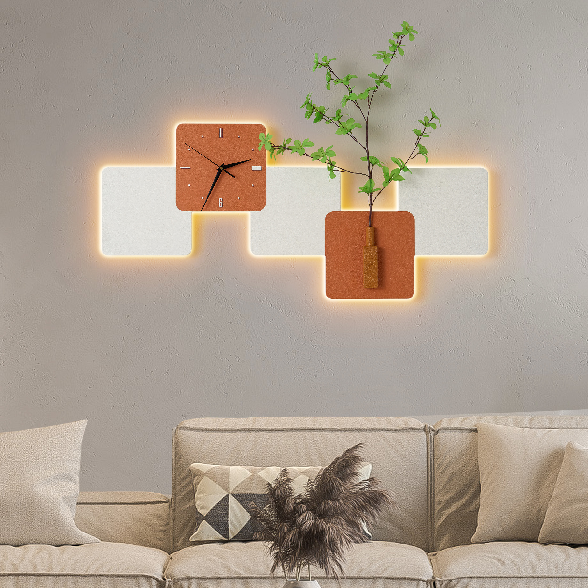 Modern LED Wall Clock with Faux Greenery – White & Orange, 39"" x 18"", Quartz Movement