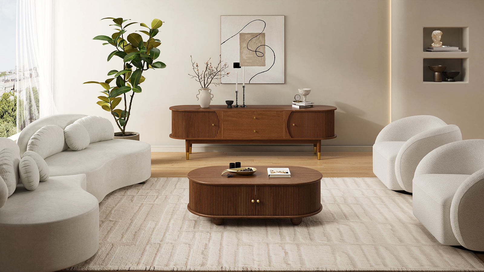 72'' Ash Wood Fluted TV Stand Mid Century Modern Media Console