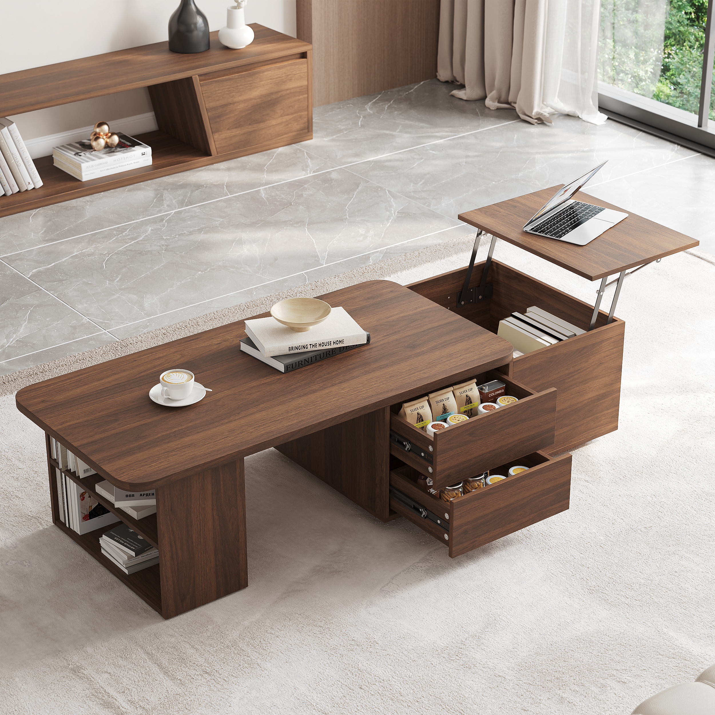Extendable Lift Top Coffee Table Walnut Living Room Furniture with Storage