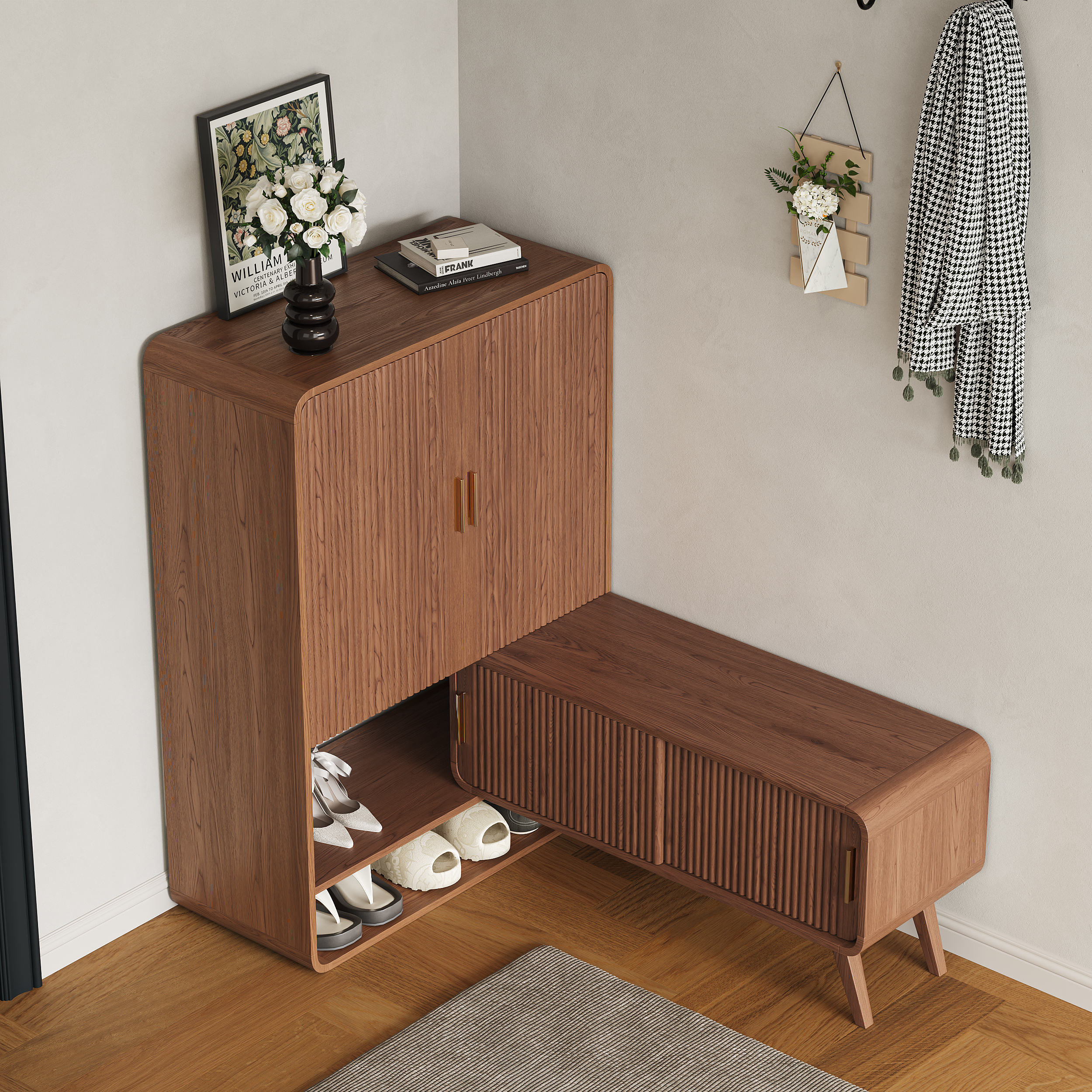 Ash Wood Shoe Rack for Entryway in Walnut Shoe Storage Cabinet for Closet (37" Wide)