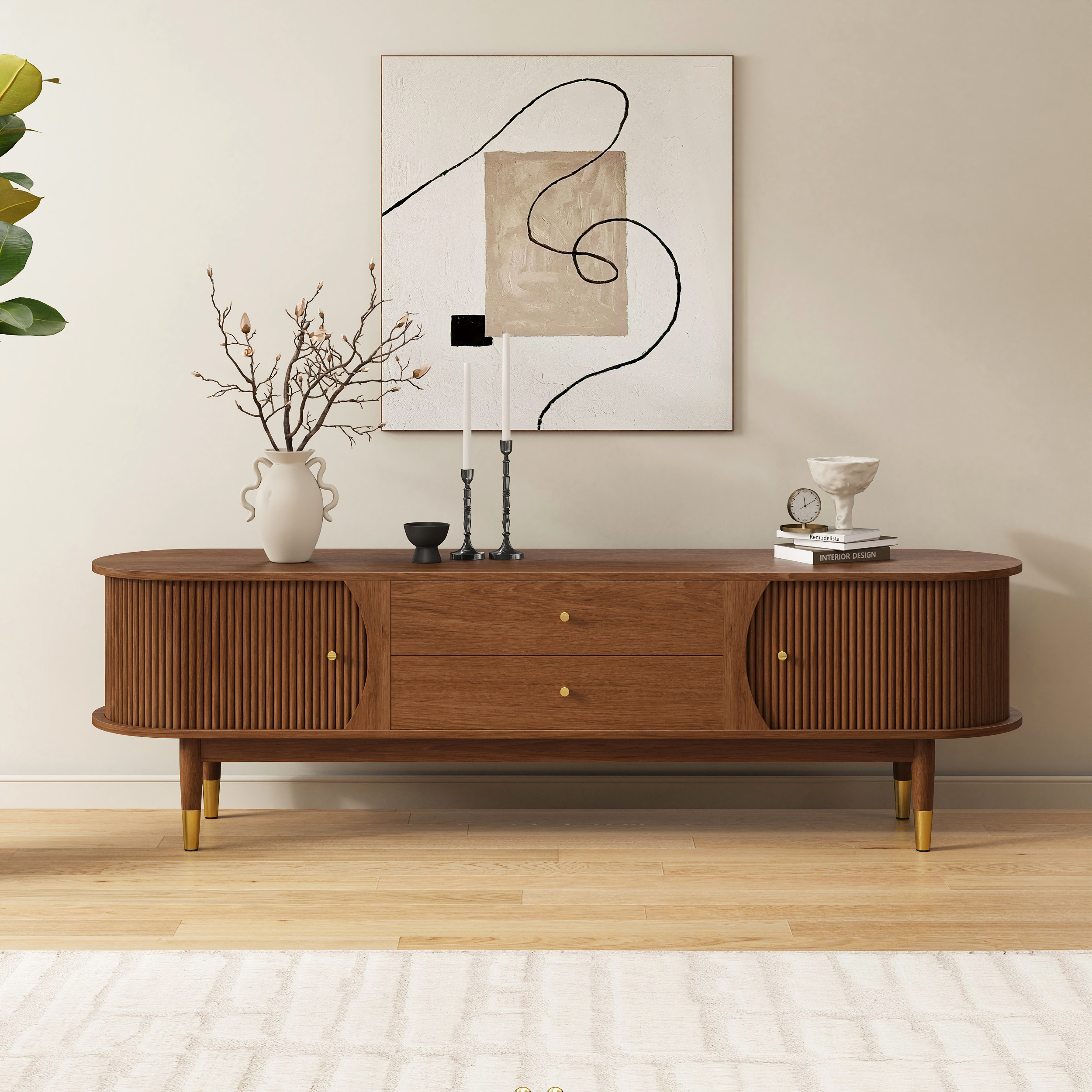 72'' Ash Wood Fluted TV Stand Mid Century Modern Media Console with Storage in Walnut