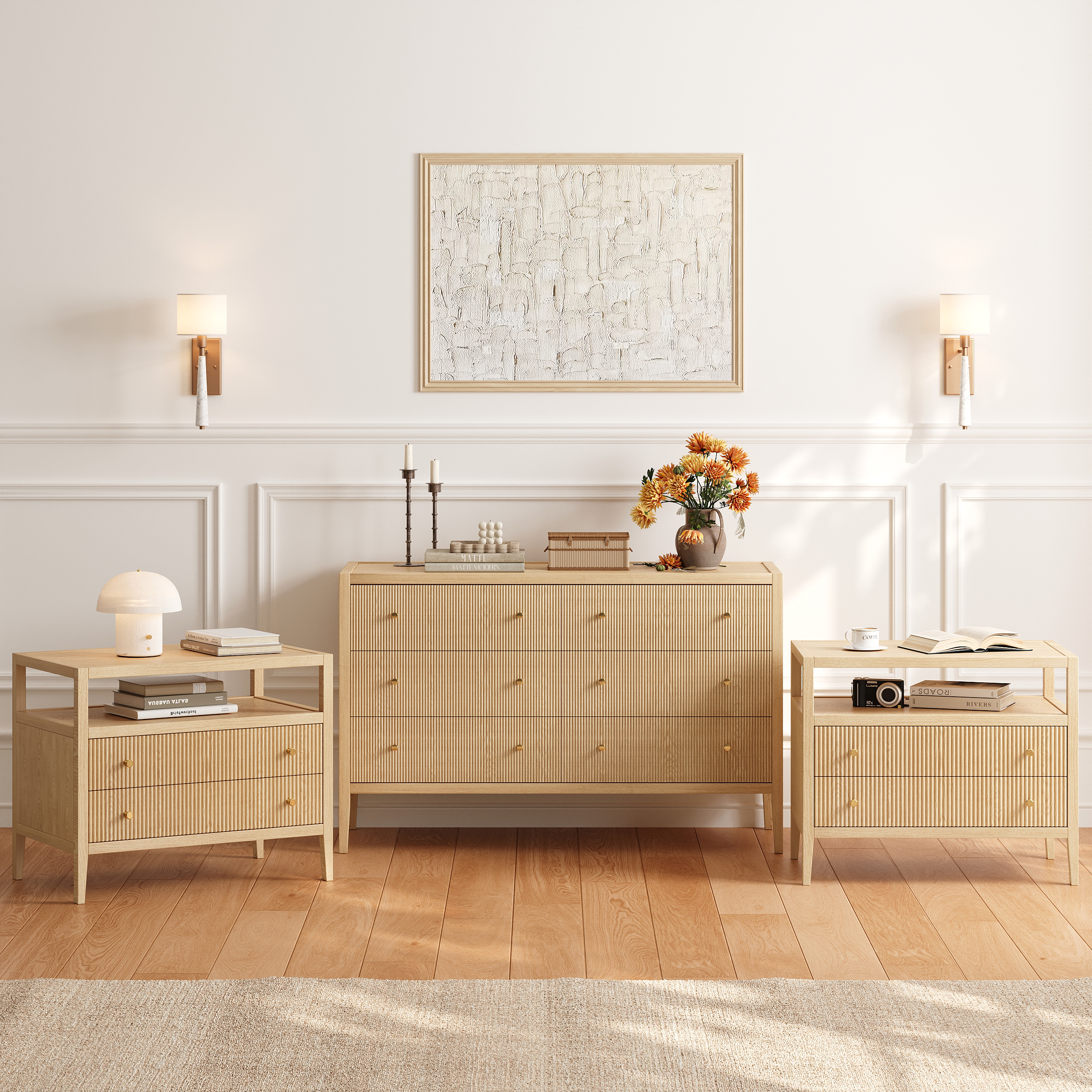 Stria Natural Fluted 6-Drawer Dresser & 2 Wide Nightstands Set