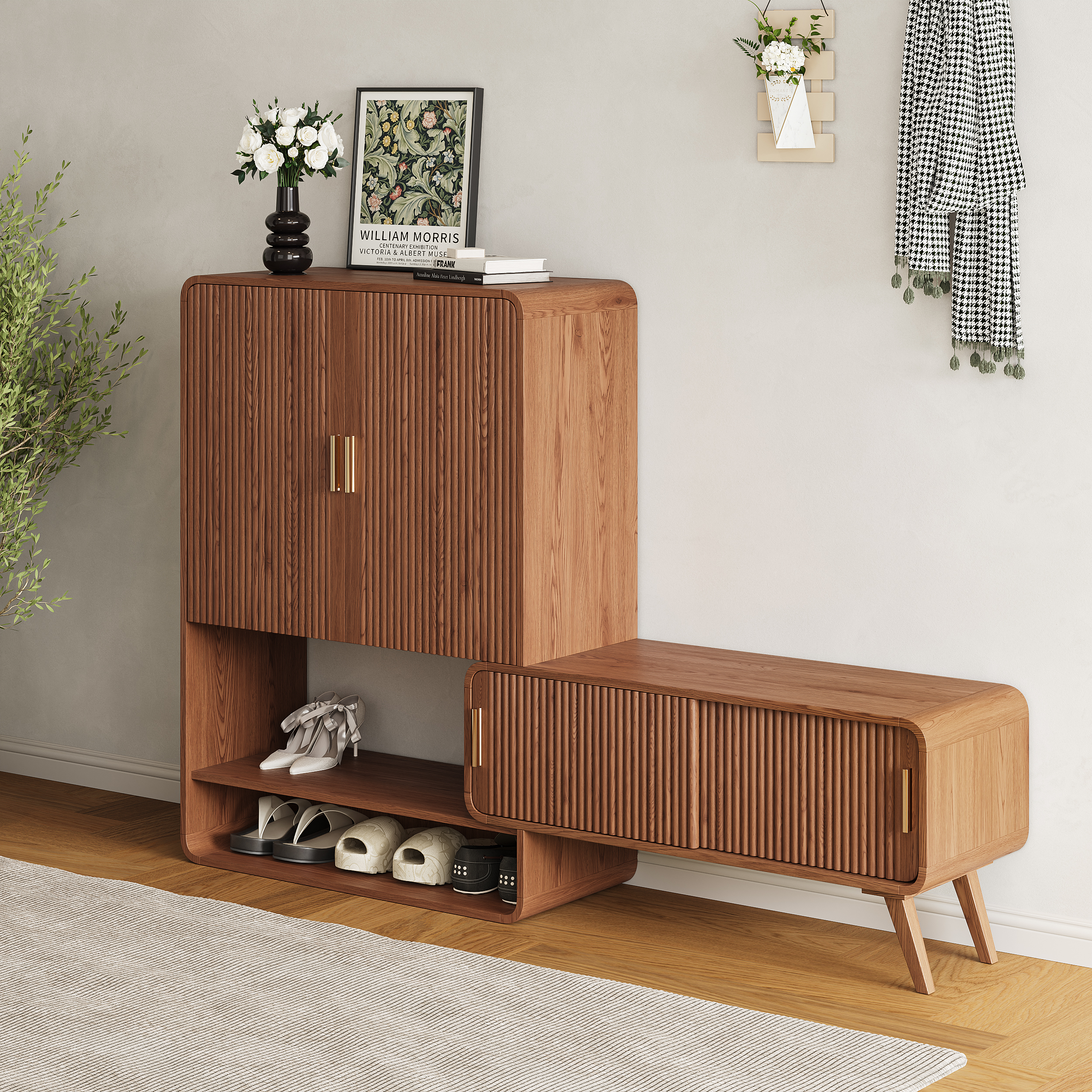 Ash Wood Shoe Rack for Entryway in Walnut Shoe Storage Cabinet for Closet (37" Wide)